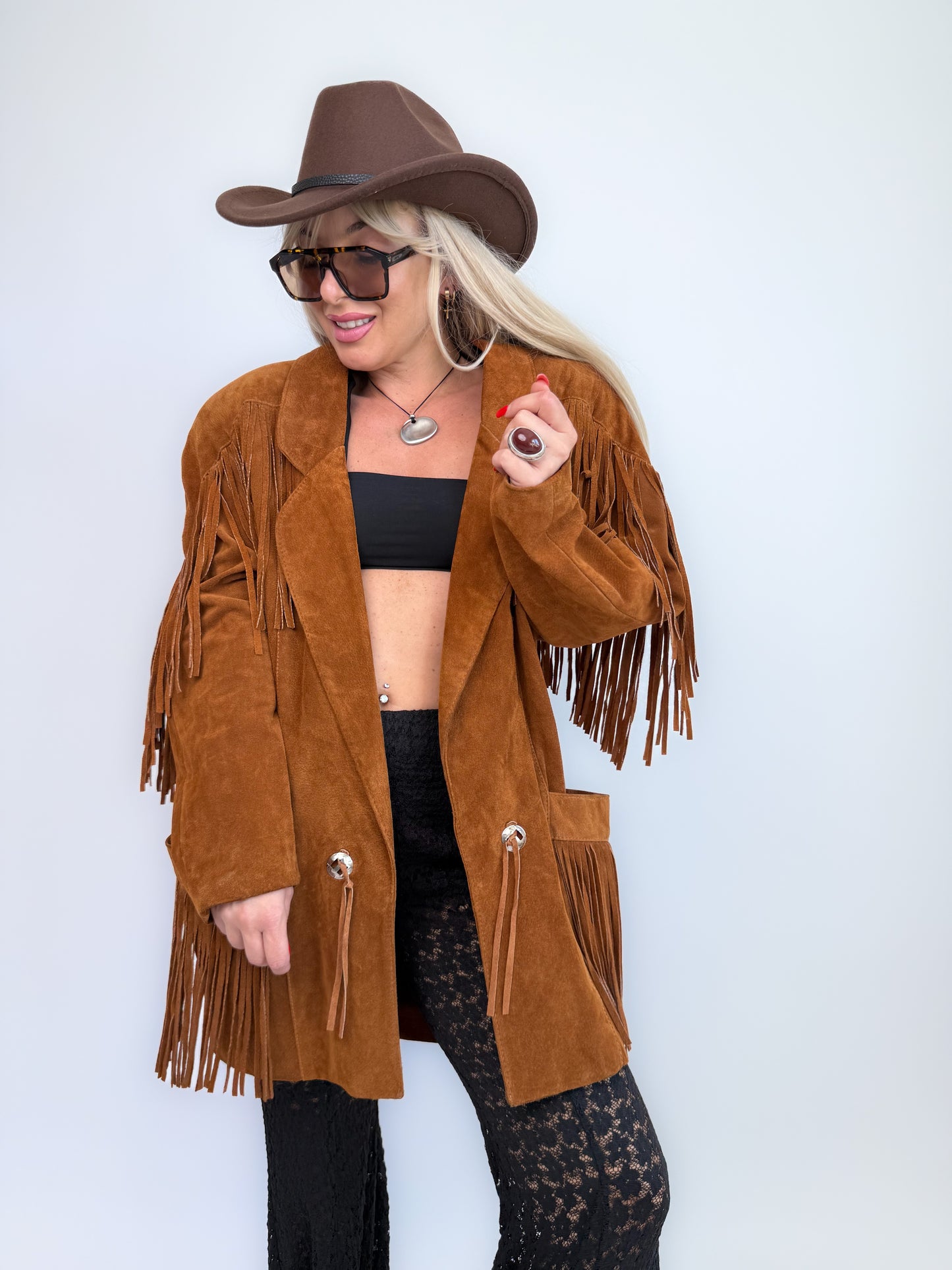 Vintage Rust Brown Suede Fringe Jacket – Western Southwestern Festival Boho Hippie Style M-L