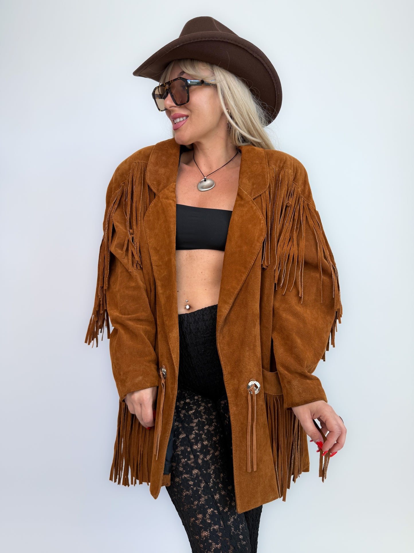 Vintage Rust Brown Suede Fringe Jacket – Western Southwestern Festival Boho Hippie Style M-L