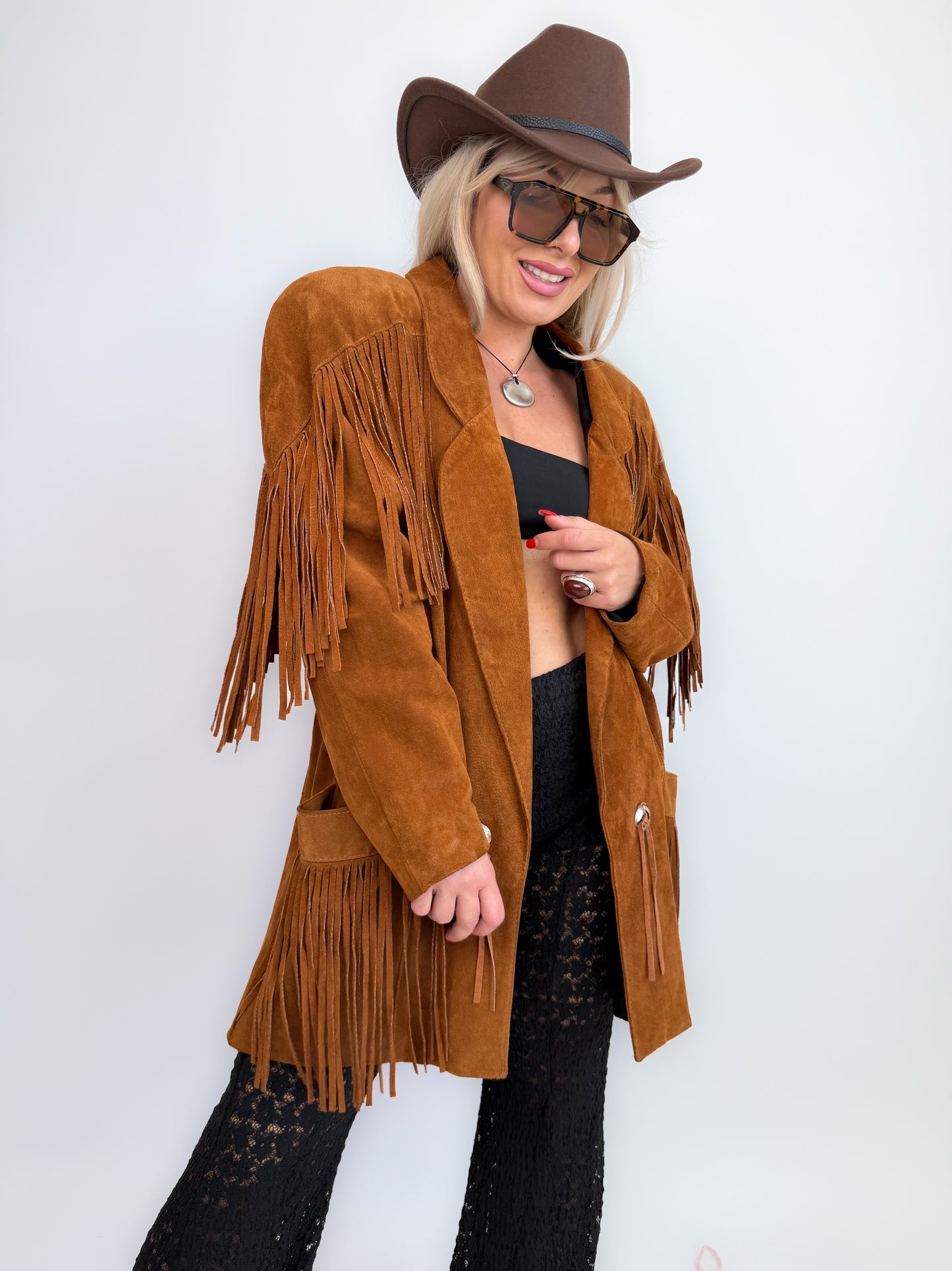 Vintage Rust Brown Suede Fringe Jacket – Western Southwestern Festival Boho Hippie Style M-L