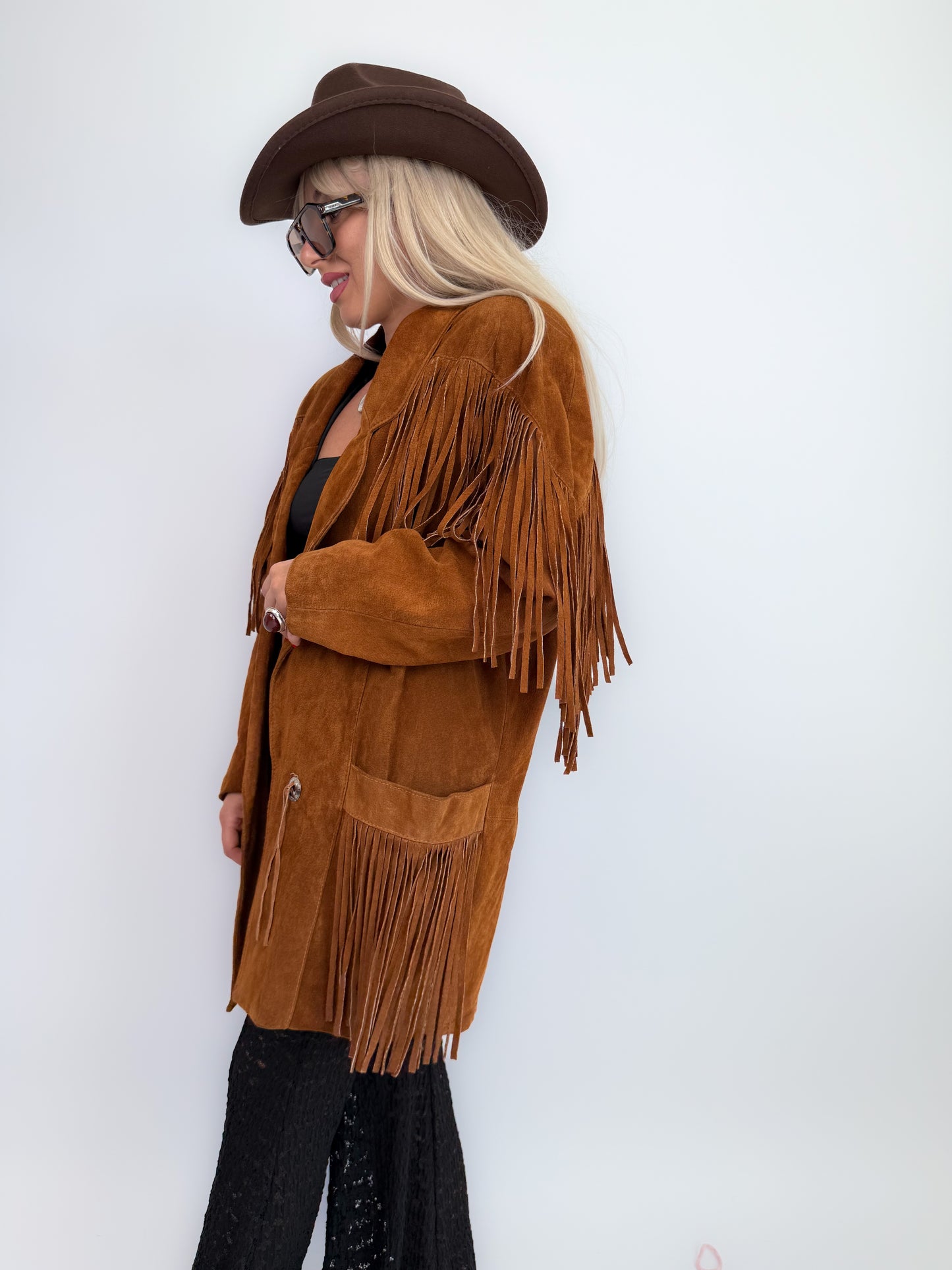 Vintage Rust Brown Suede Fringe Jacket – Western Southwestern Festival Boho Hippie Style M-L