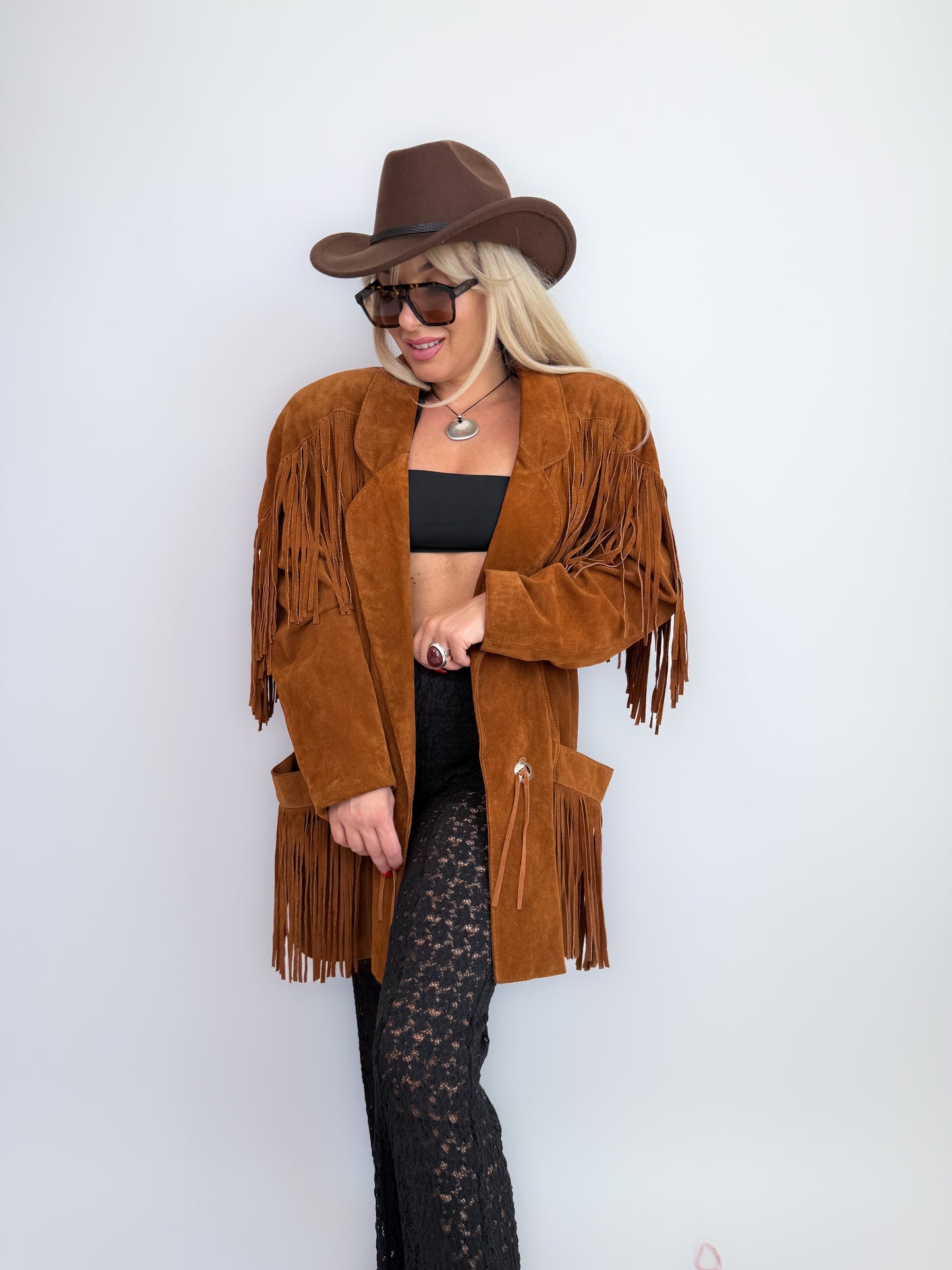 Vintage Rust Brown Suede Fringe Jacket – Western Southwestern Festival Boho Hippie Style M-L