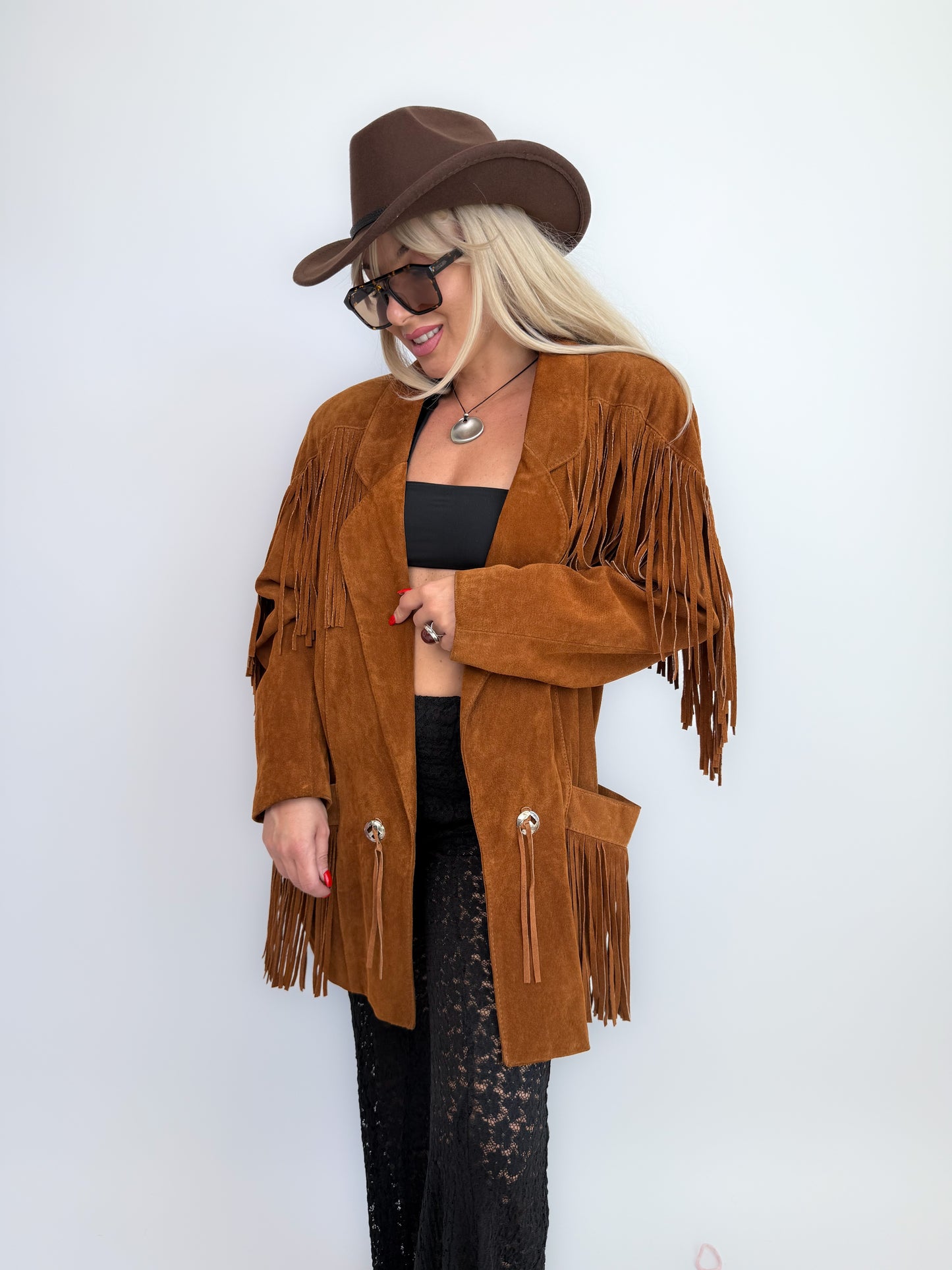 Vintage Rust Brown Suede Fringe Jacket – Western Southwestern Festival Boho Hippie Style M-L