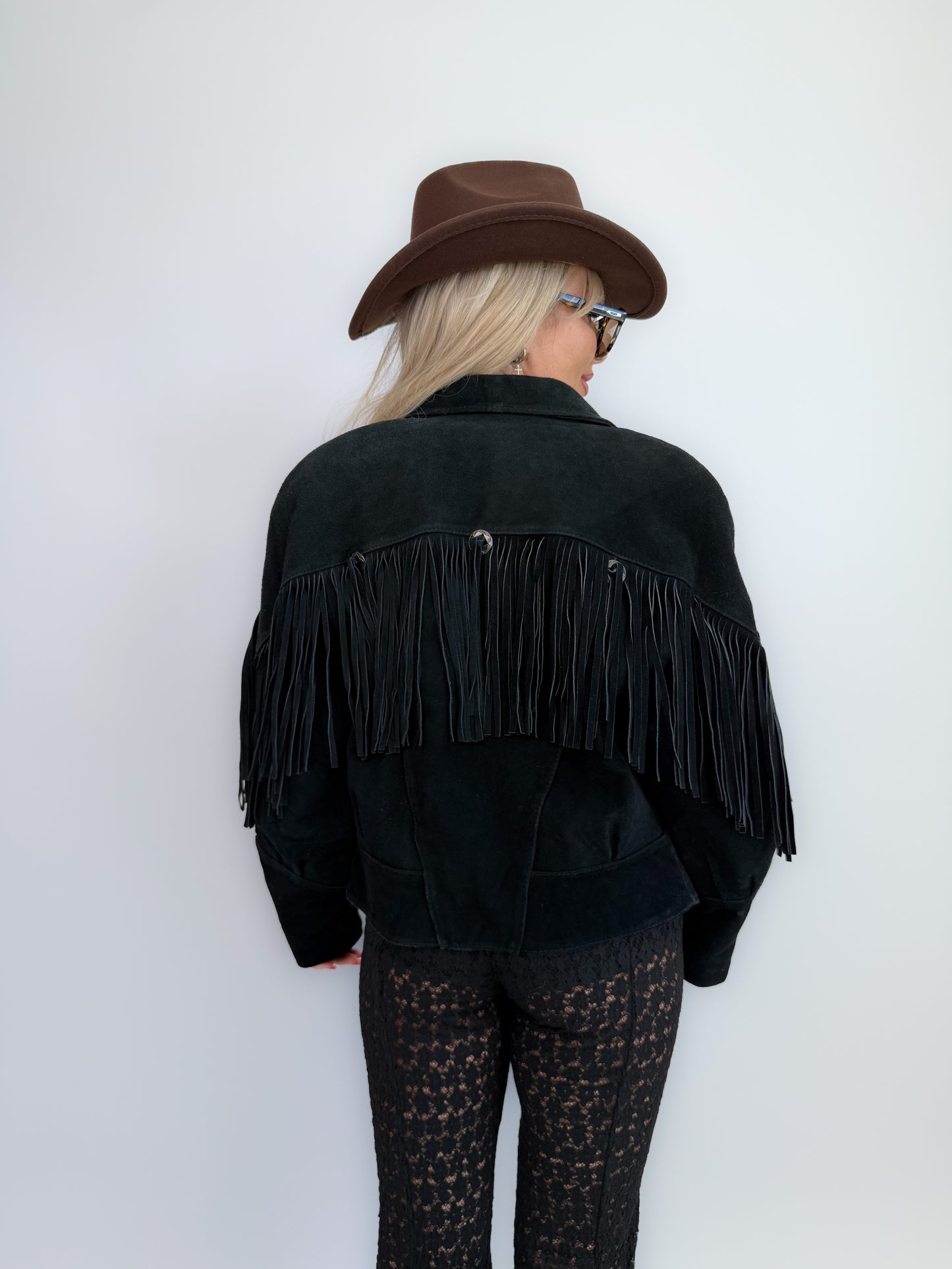 Vintage Black Suede Fringe Jacket: 90s Western Boho Festival Coat S-M