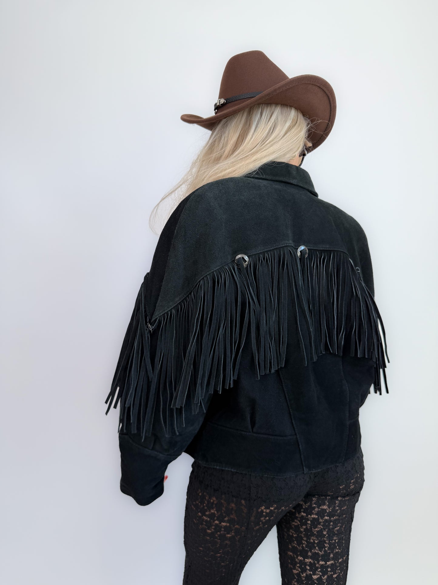 Vintage Black Suede Fringe Jacket: 90s Western Boho Festival Coat S-M