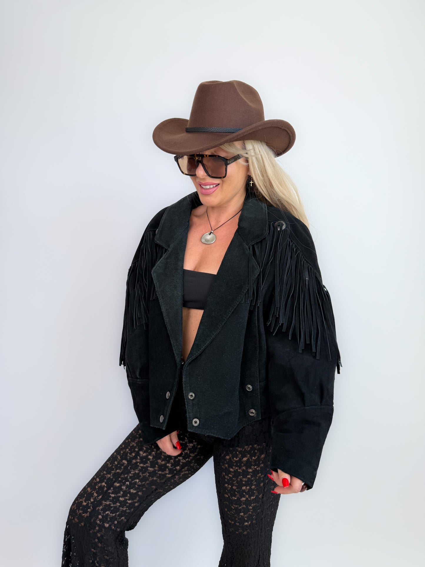 Vintage Black Suede Fringe Jacket: 90s Western Boho Festival Coat S-M
