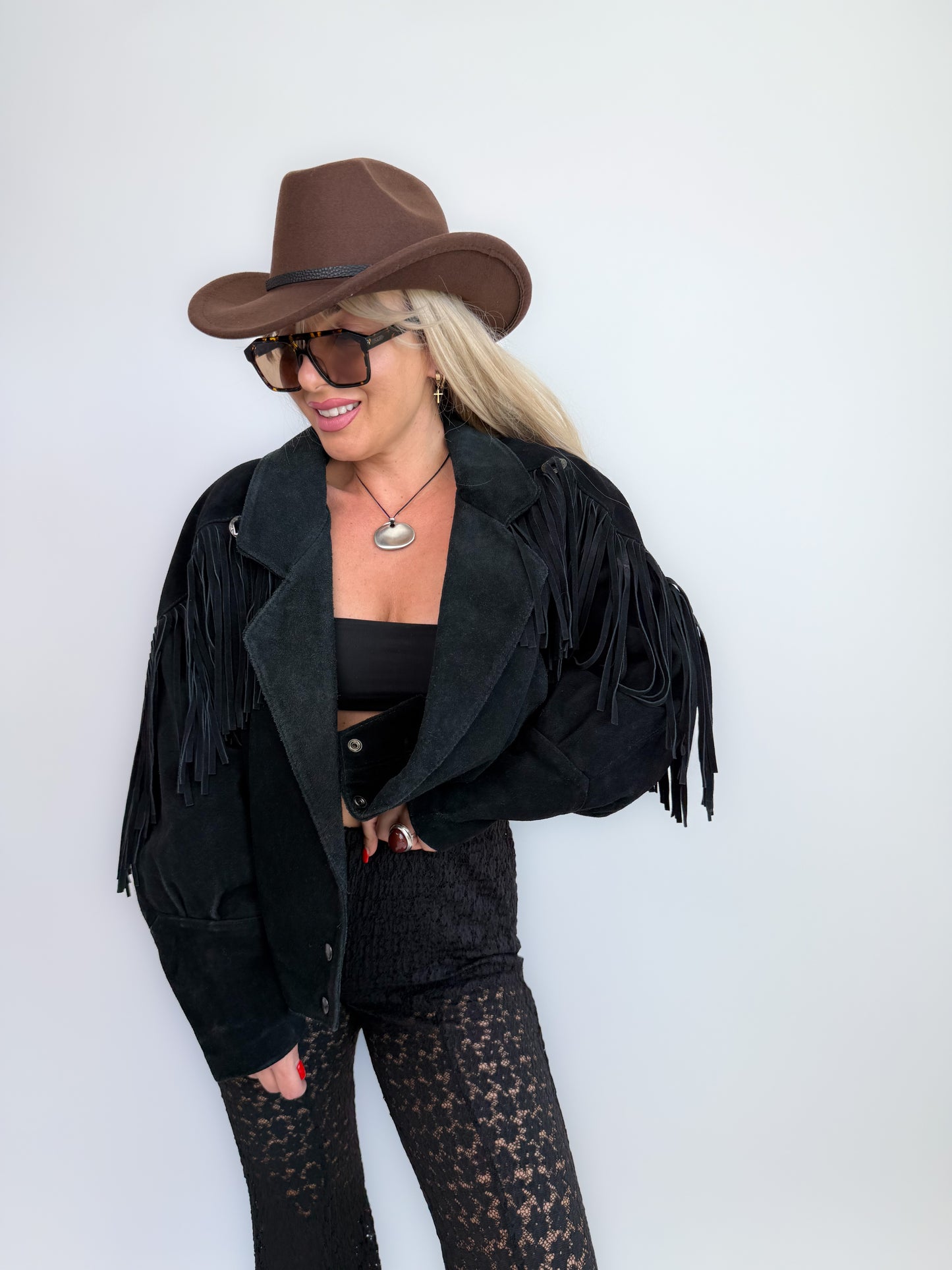 Vintage Black Suede Fringe Jacket: 90s Western Boho Festival Coat S-M