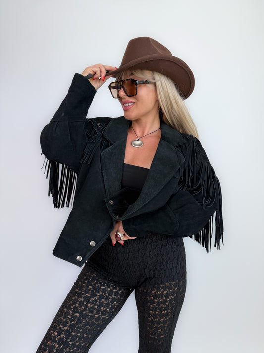 Vintage Black Suede Fringe Jacket: 90s Western Boho Festival Coat S-M