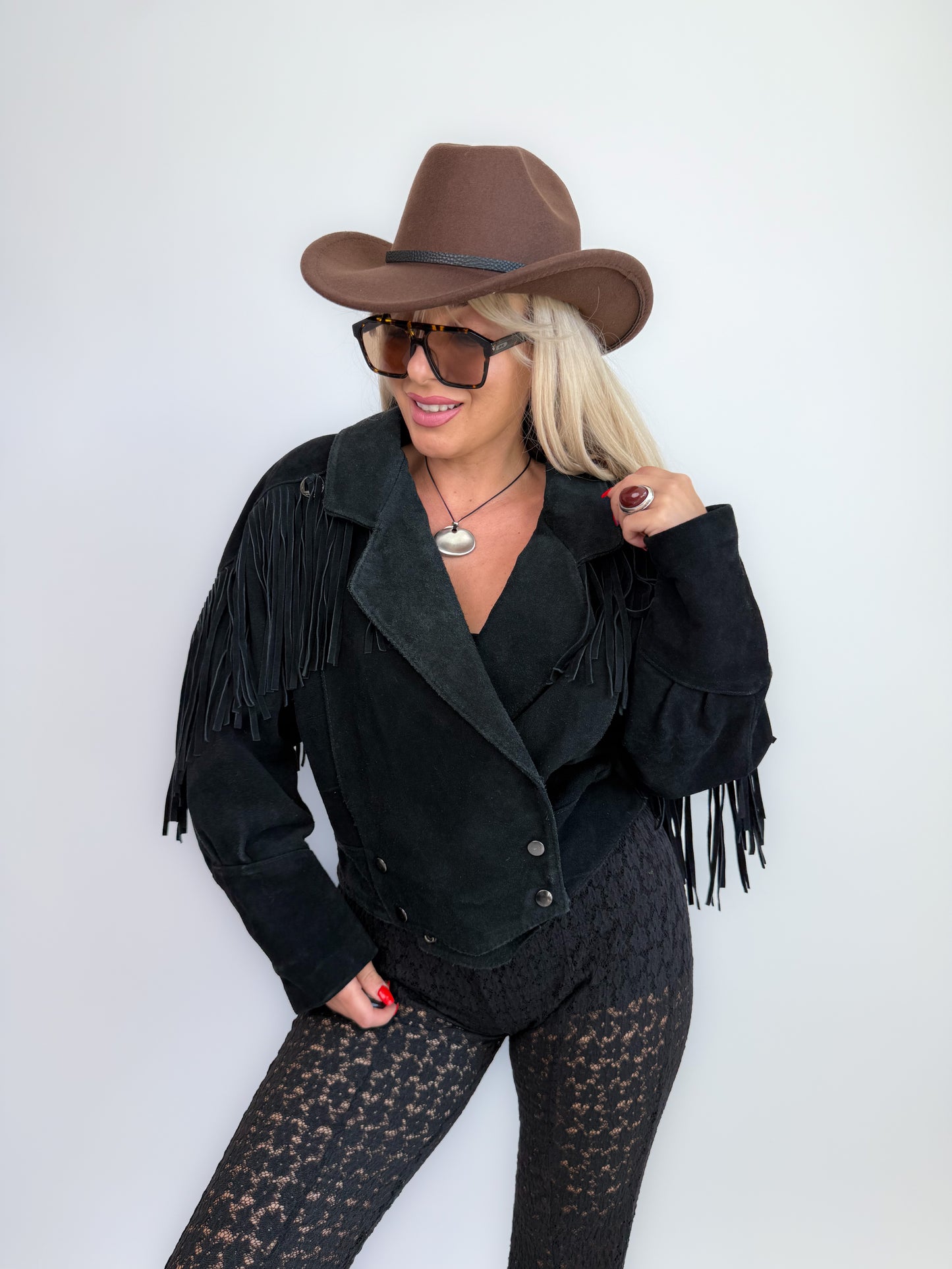 Vintage Black Suede Fringe Jacket: 90s Western Boho Festival Coat S-M