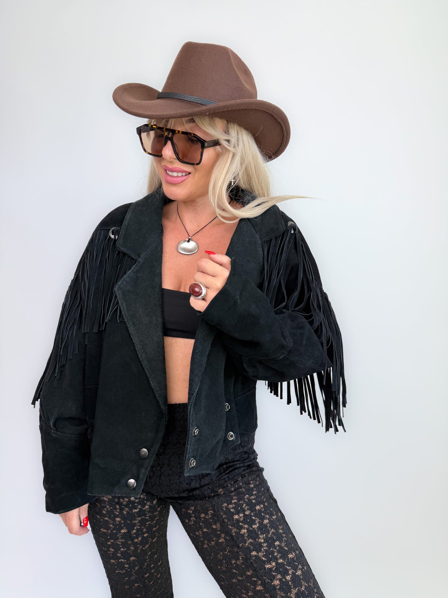 Vintage Black Suede Fringe Jacket: 90s Western Boho Festival Coat S-M