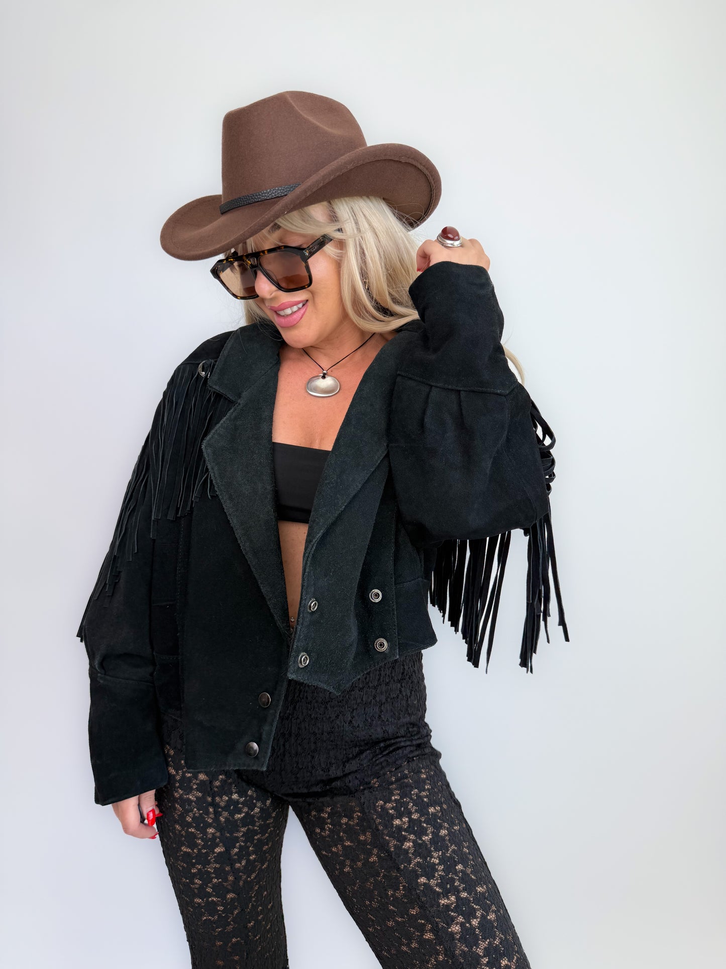 Vintage Black Suede Fringe Jacket: 90s Western Boho Festival Coat S-M