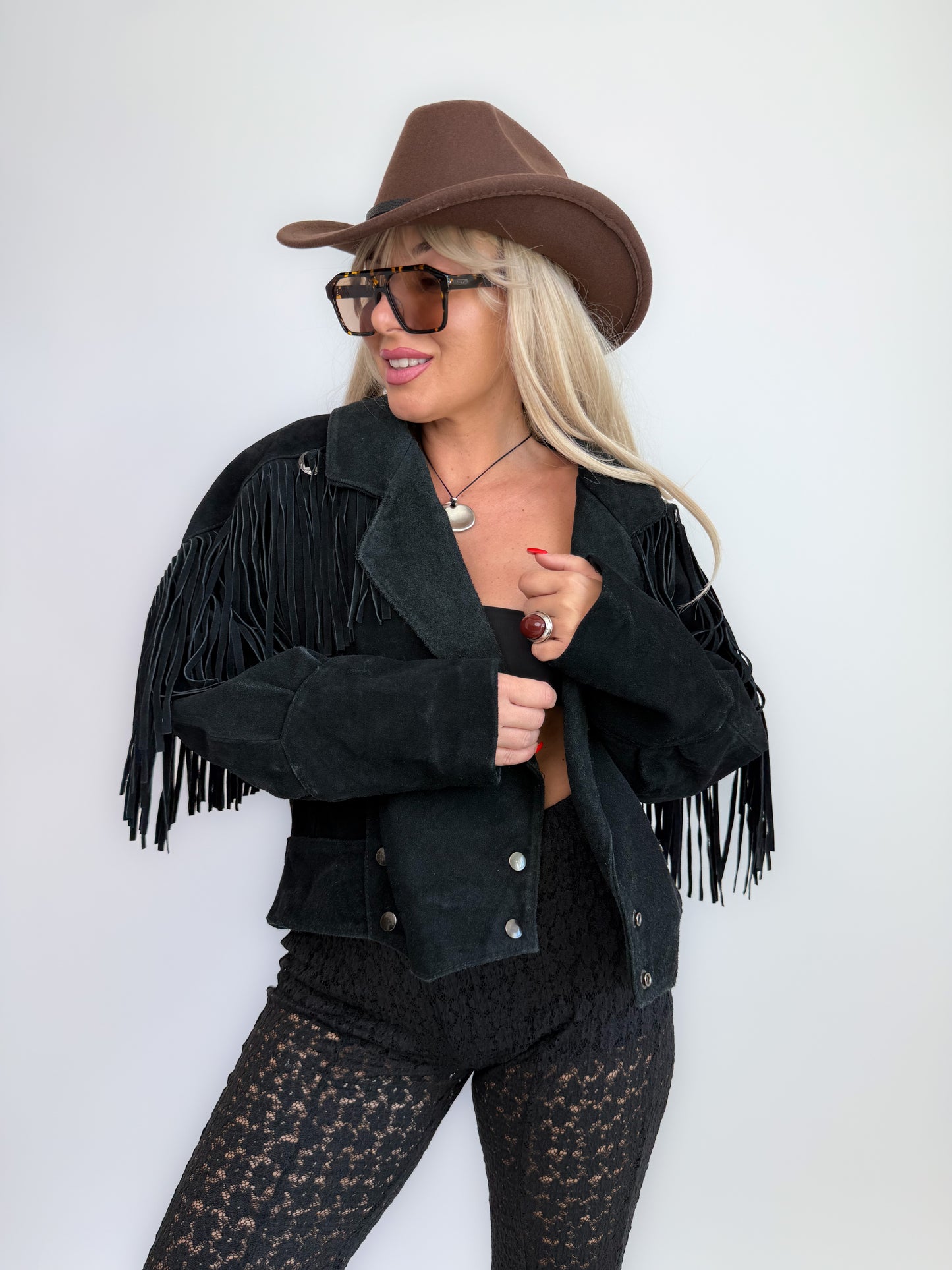 Vintage Black Suede Fringe Jacket: 90s Western Boho Festival Coat S-M