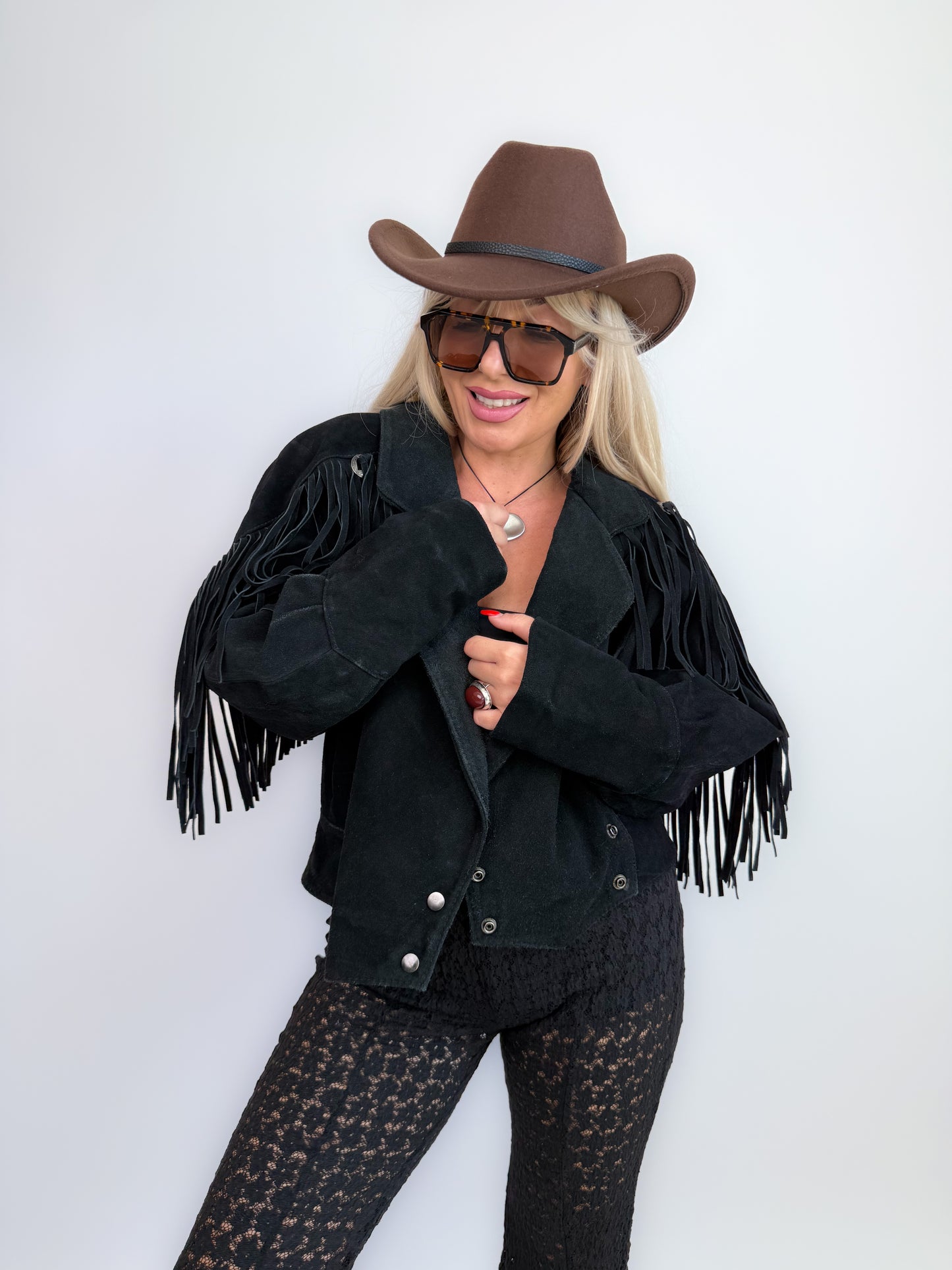 Vintage Black Suede Fringe Jacket: 90s Western Boho Festival Coat S-M