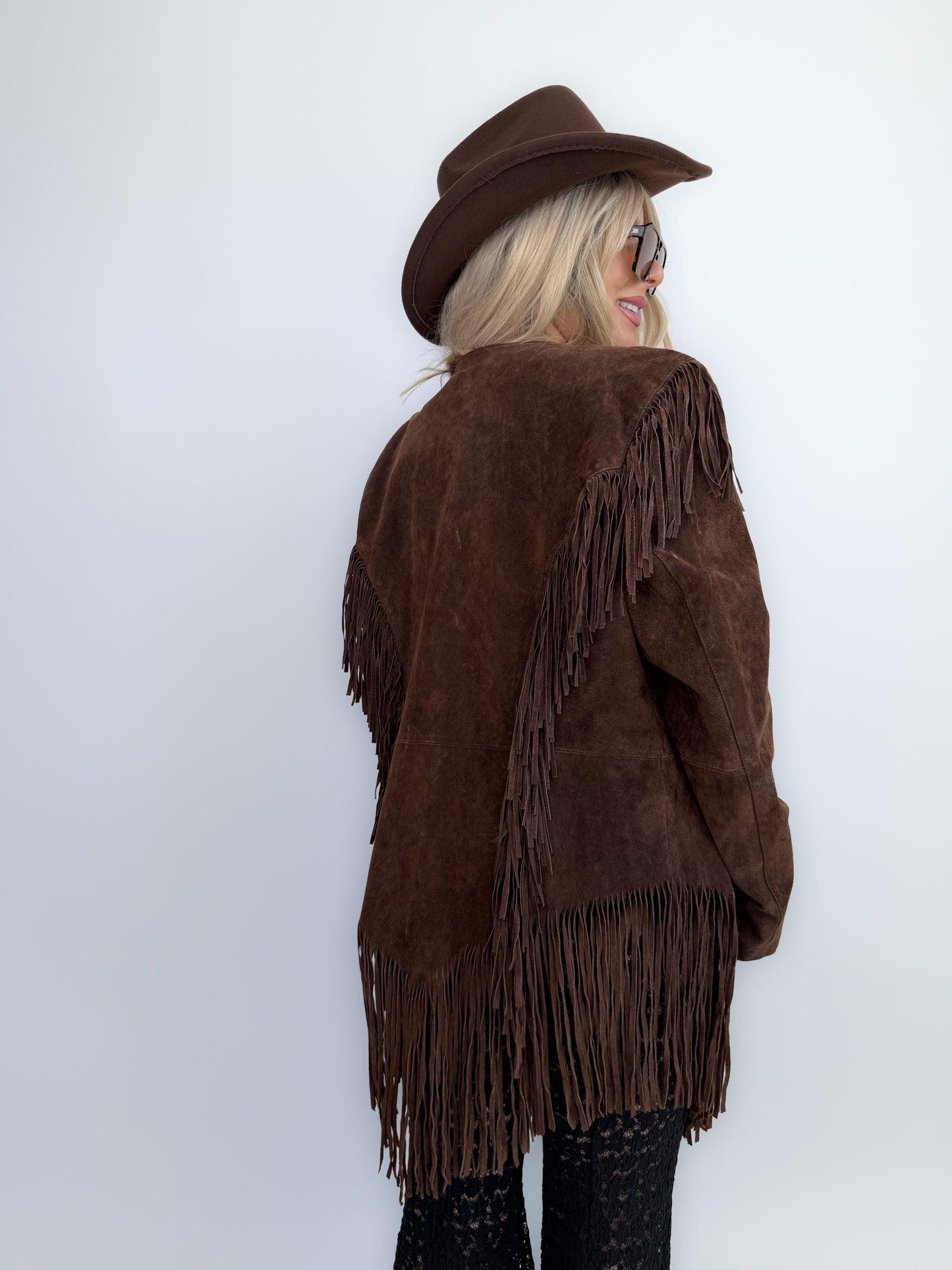 Vintage Brown Suede Fringe Jacket- Western Cowgirl Boho Hippie Festival Coat S-M