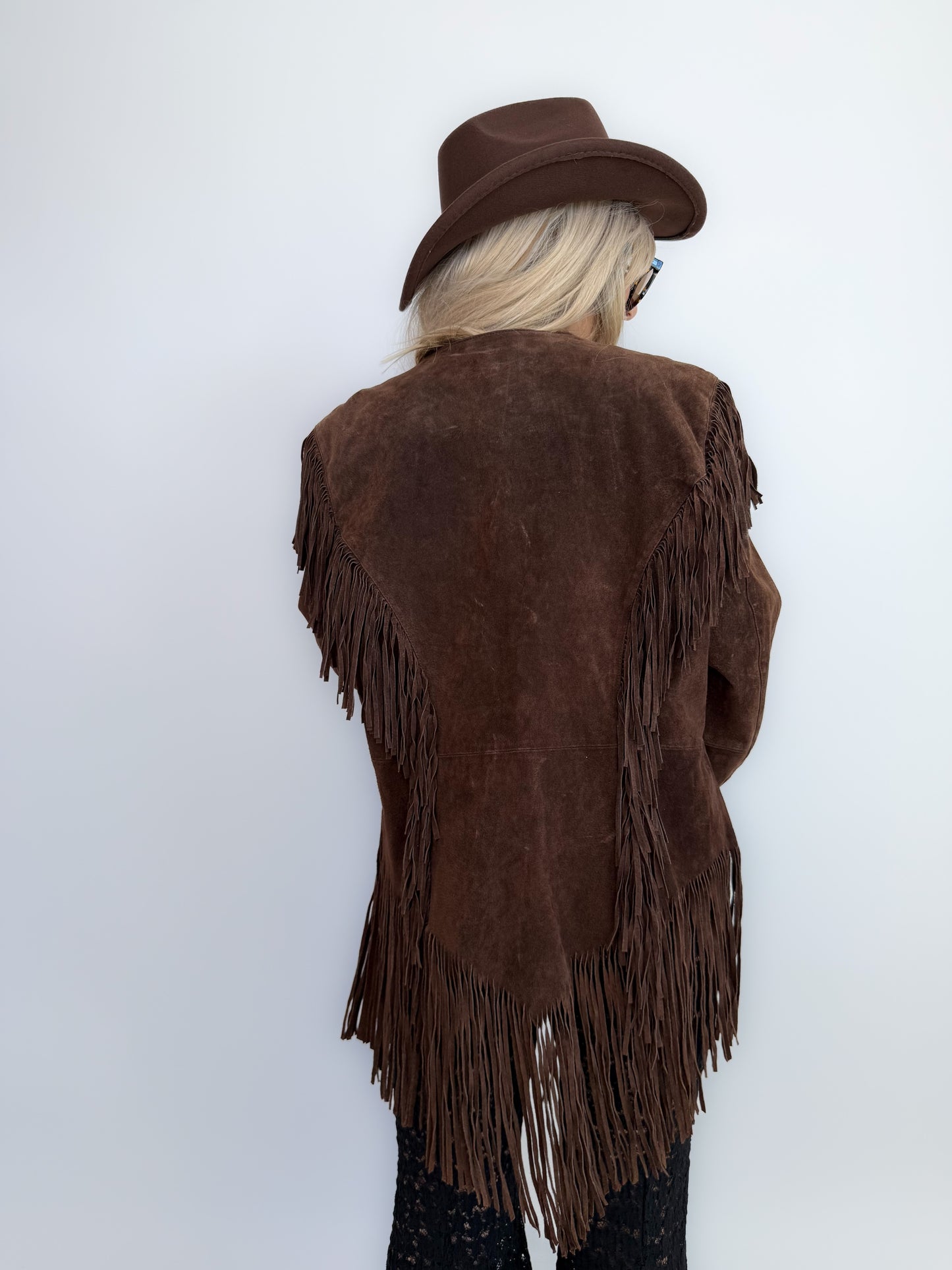 Vintage Brown Suede Fringe Jacket- Western Cowgirl Boho Hippie Festival Coat S-M
