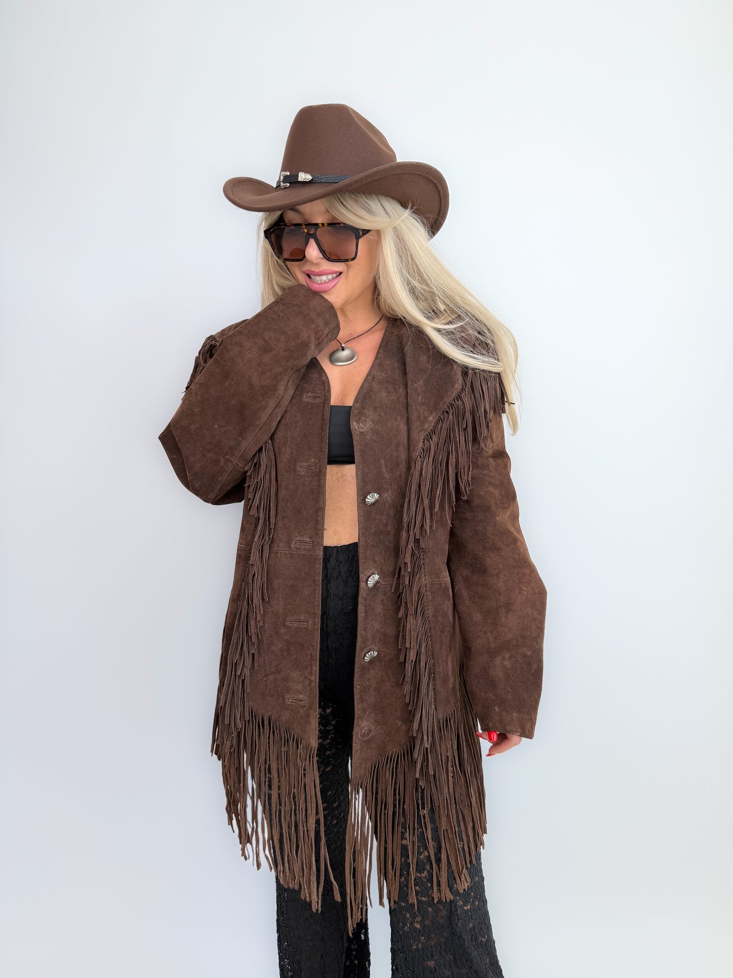 Vintage Brown Suede Fringe Jacket- Western Cowgirl Boho Hippie Festival Coat S-M