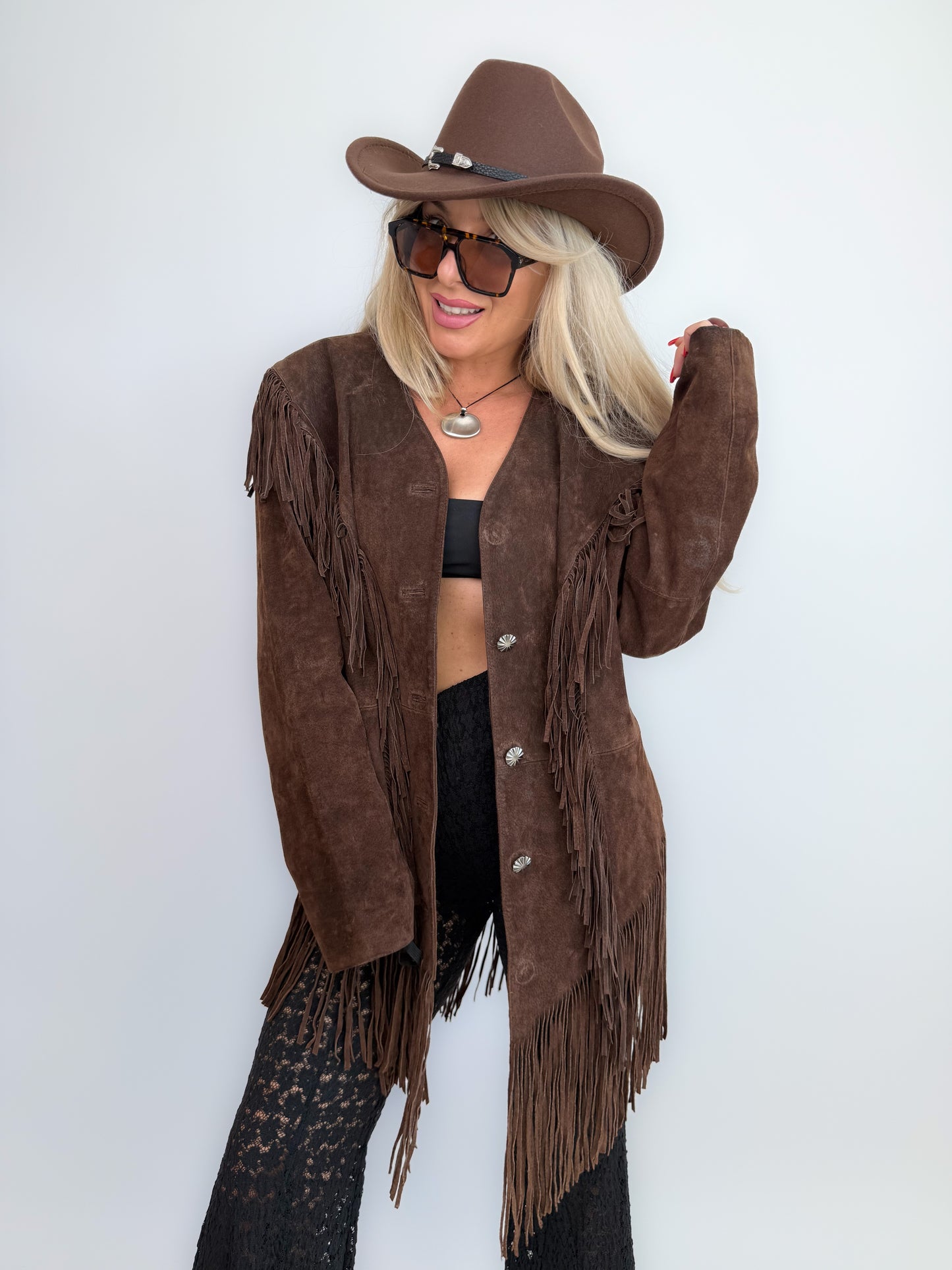 Vintage Brown Suede Fringe Jacket- Western Cowgirl Boho Hippie Festival Coat S-M