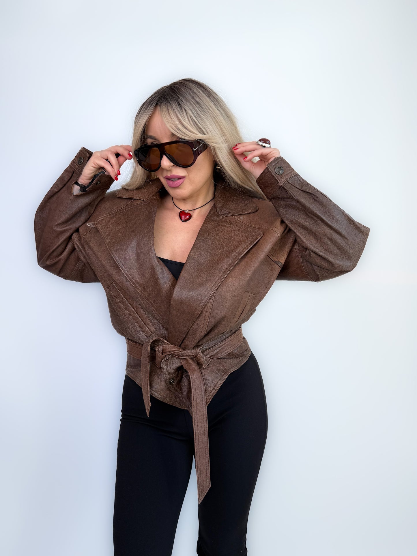 Vintage Brown Natural Leather Women's Biker Bomber Jacket S-M