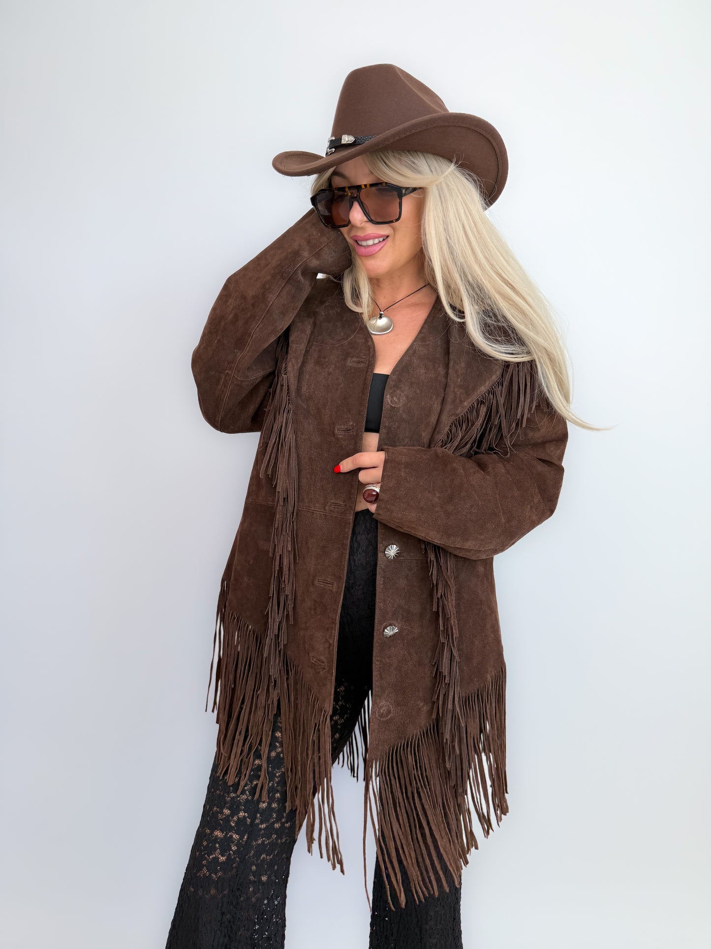 Vintage Brown Suede Fringe Jacket- Western Cowgirl Boho Hippie Festival Coat S-M