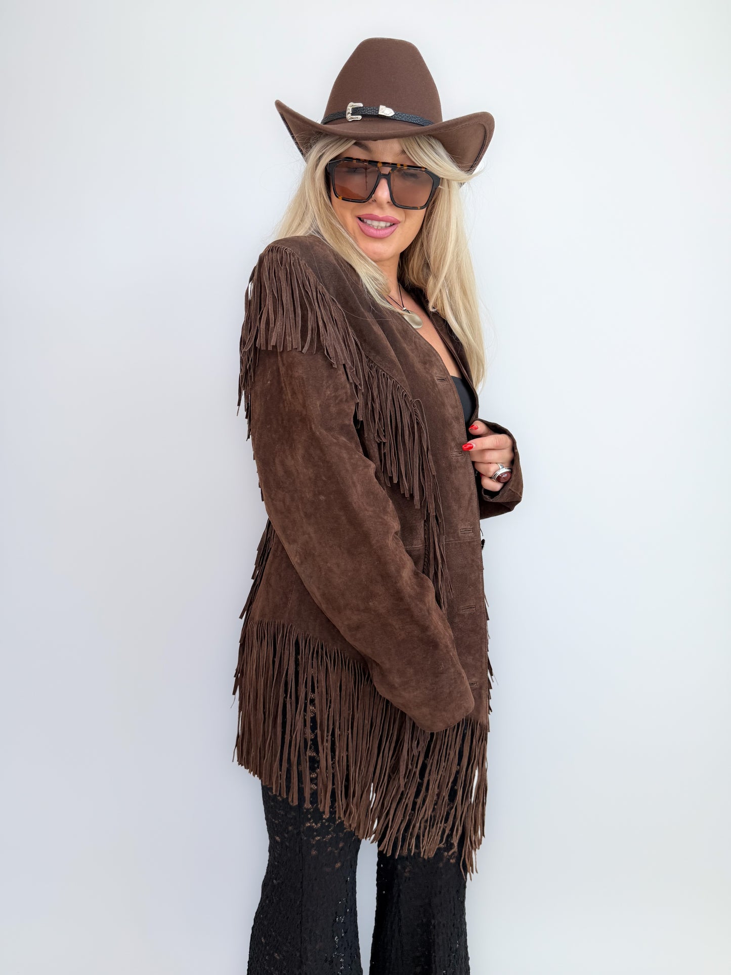 Vintage Brown Suede Fringe Jacket- Western Cowgirl Boho Hippie Festival Coat S-M