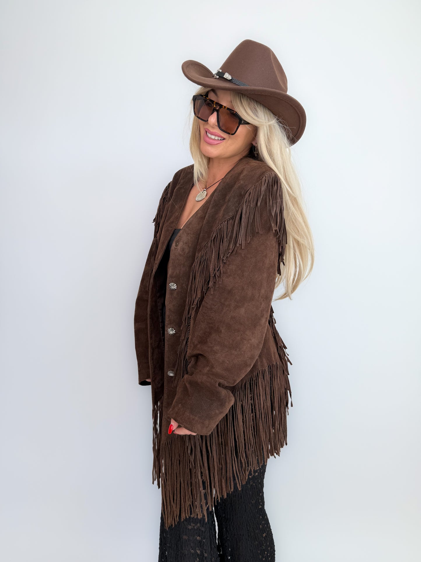 Vintage Brown Suede Fringe Jacket- Western Cowgirl Boho Hippie Festival Coat S-M