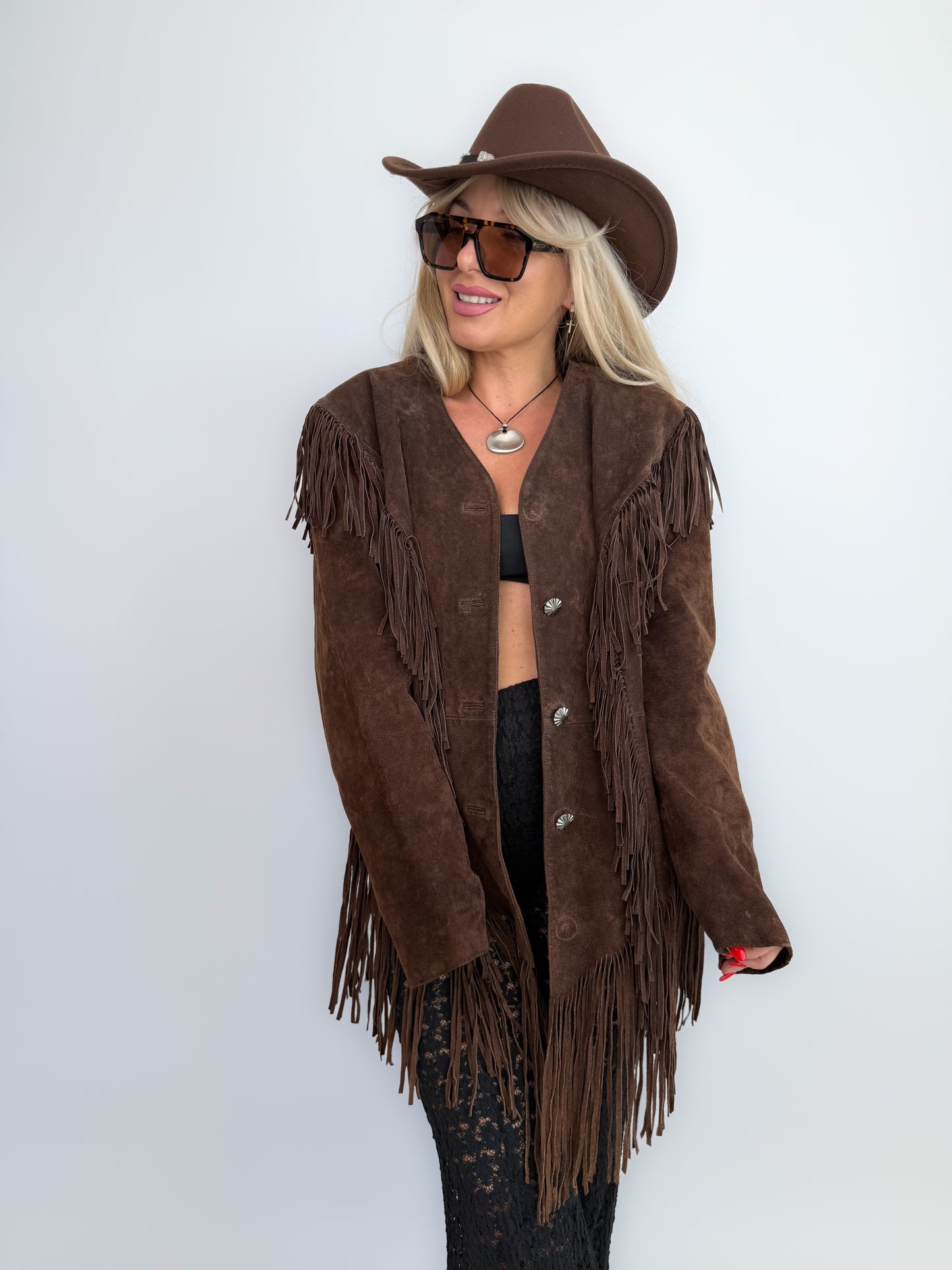 Vintage Brown Suede Fringe Jacket- Western Cowgirl Boho Hippie Festival Coat S-M