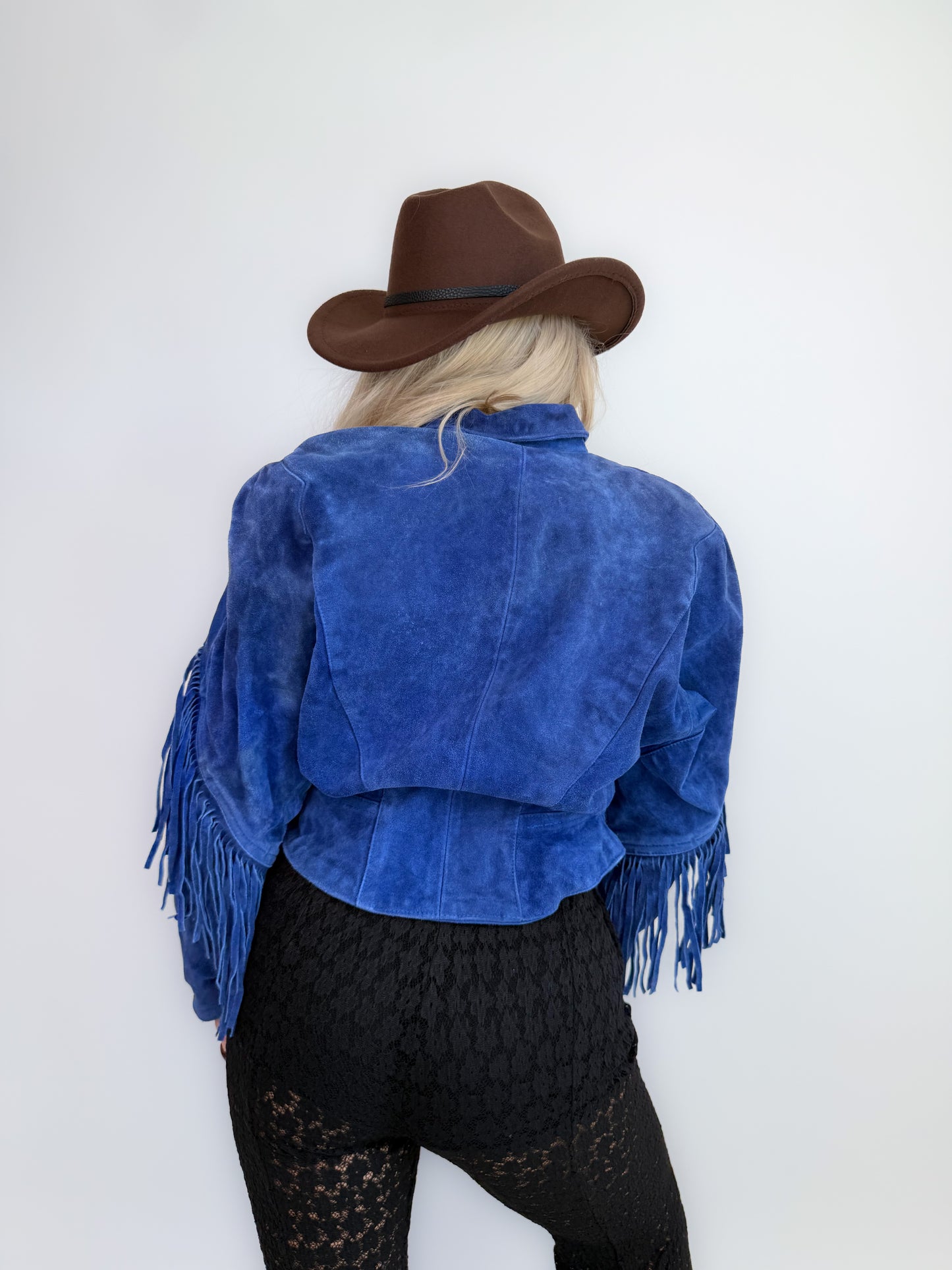 Vintage Cobalt Blue Suede Fringe Jacket – Western Cowgirl Boho Hippie Statement Festival Coat S