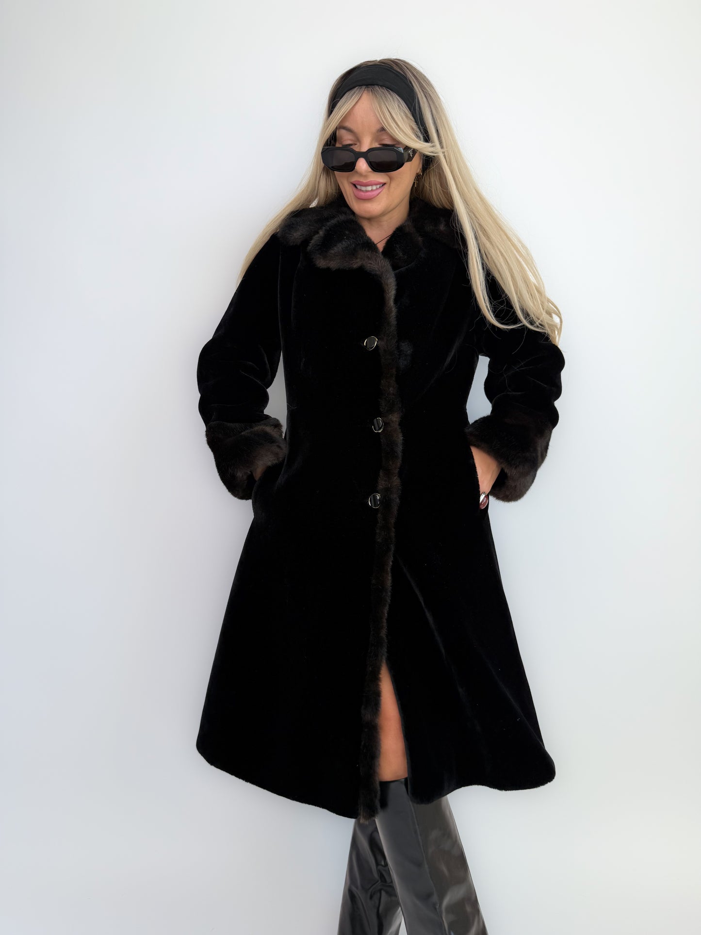 Vintage 60s Jackie O Black Velvet Winter Coat with Faux Fur Collar and Cuffs - S