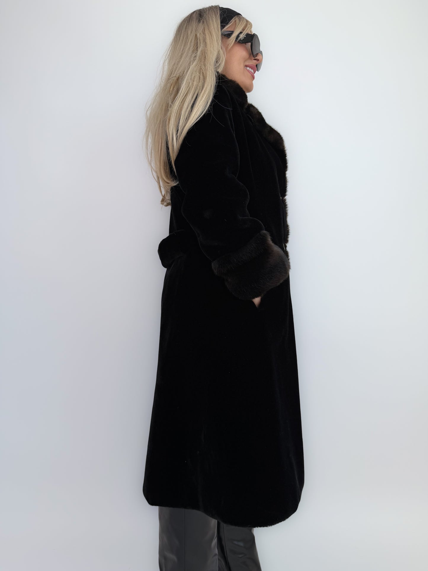 Vintage 60s Jackie O Black Velvet Winter Coat with Faux Fur Collar and Cuffs - S