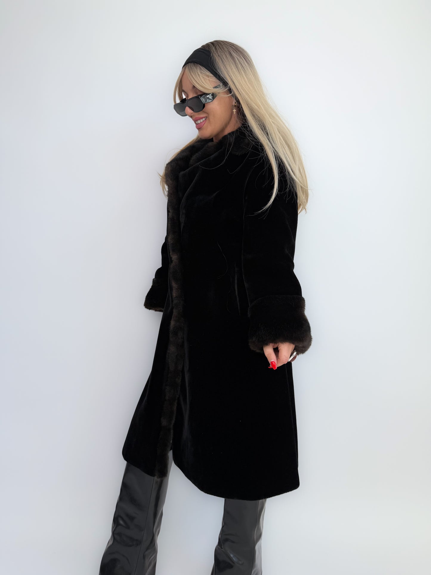 Vintage 60s Jackie O Black Velvet Winter Coat with Faux Fur Collar and Cuffs - S