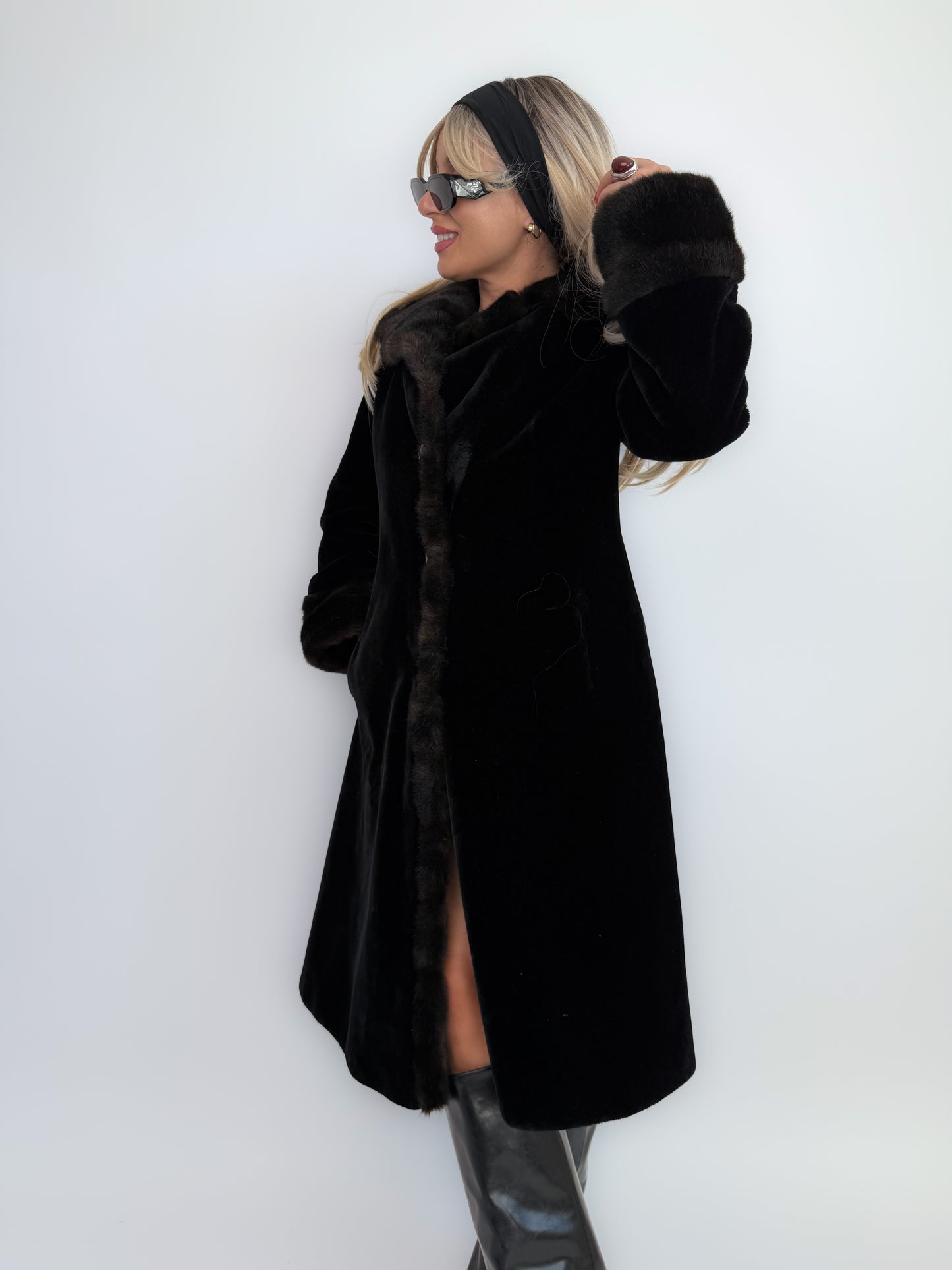 Vintage 60s Jackie O Black Velvet Winter Coat with Faux Fur Collar and Cuffs - S