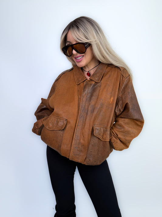 Vintage Geniune Leather Brown Distressed Effect Bomber Jacket with Collar L-XL