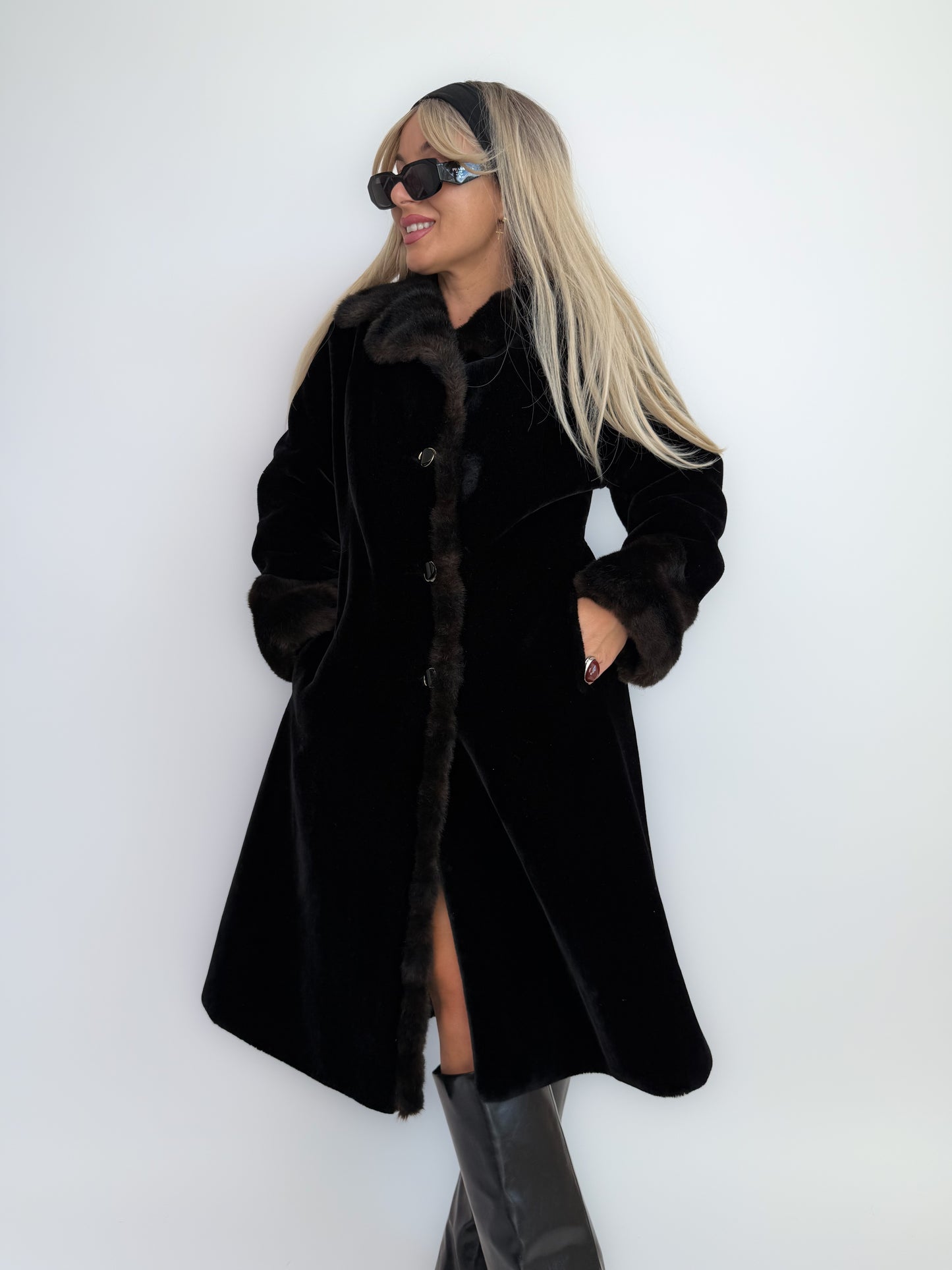 Vintage 60s Jackie O Black Velvet Winter Coat with Faux Fur Collar and Cuffs - S