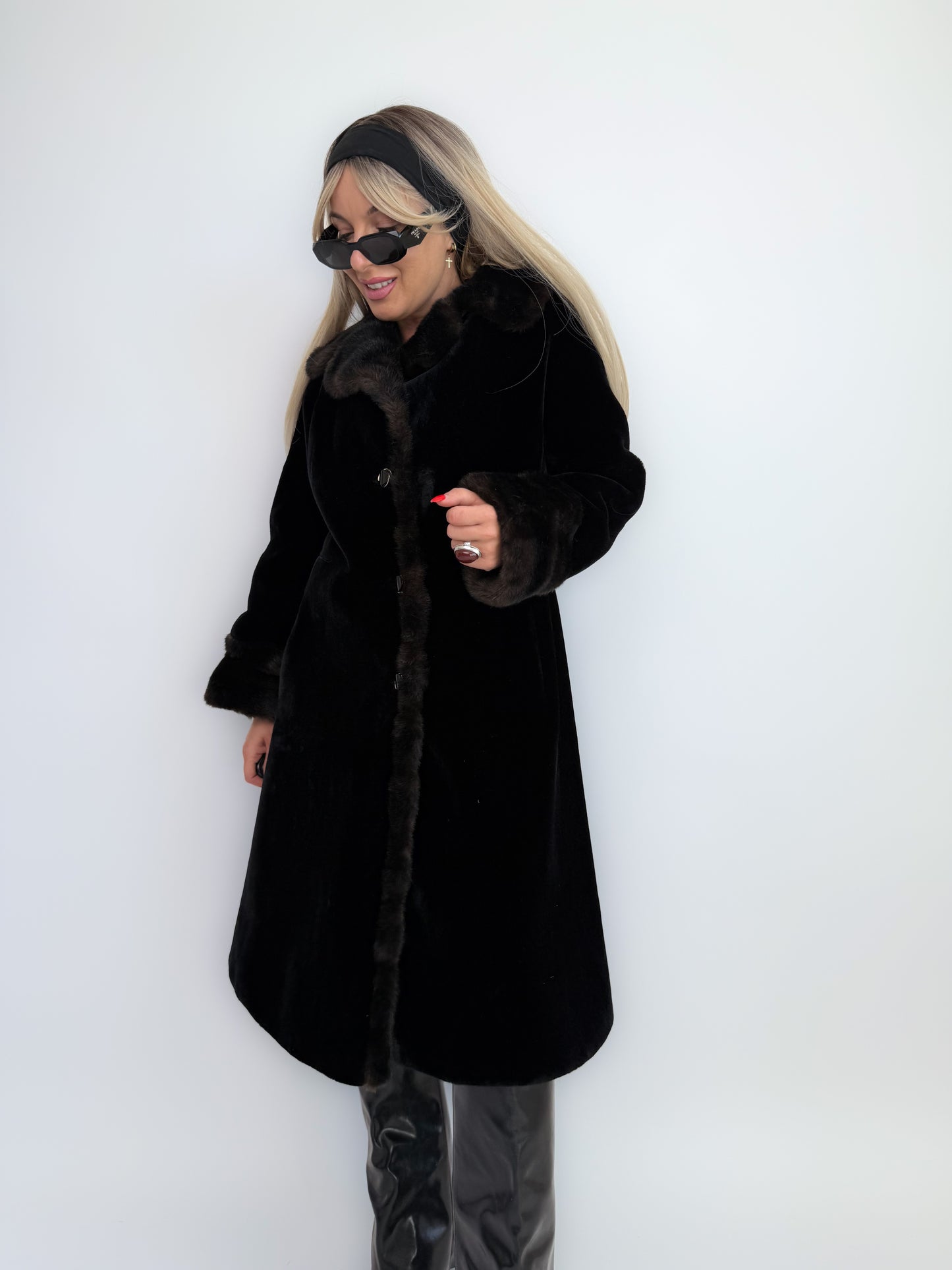 Vintage 60s Jackie O Black Velvet Winter Coat with Faux Fur Collar and Cuffs - S