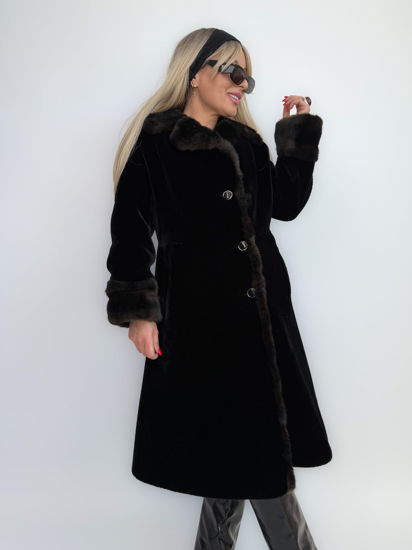 Vintage 60s Jackie O Black Velvet Winter Coat with Faux Fur Collar and Cuffs - S
