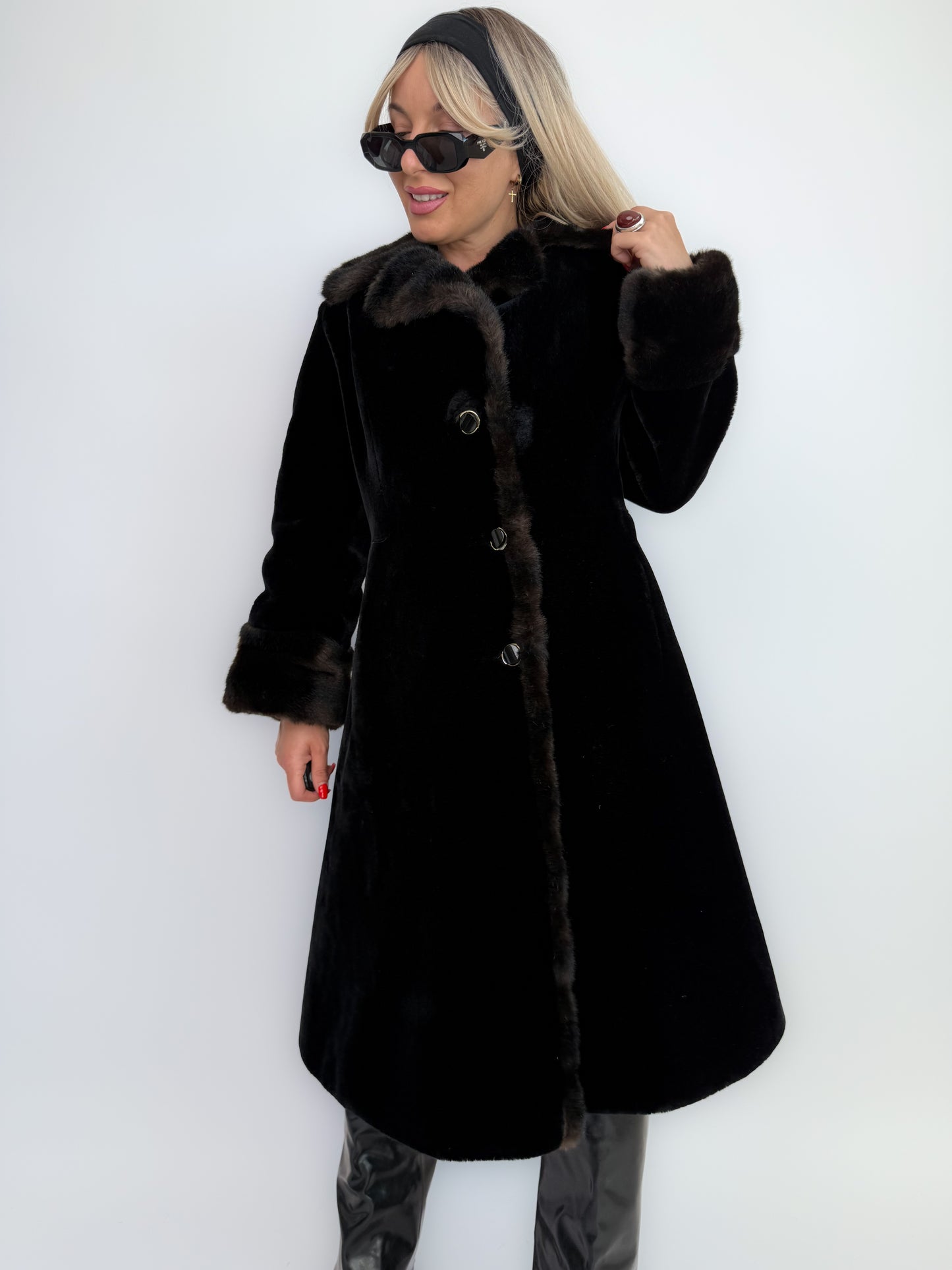Vintage 60s Jackie O Black Velvet Winter Coat with Faux Fur Collar and Cuffs - S