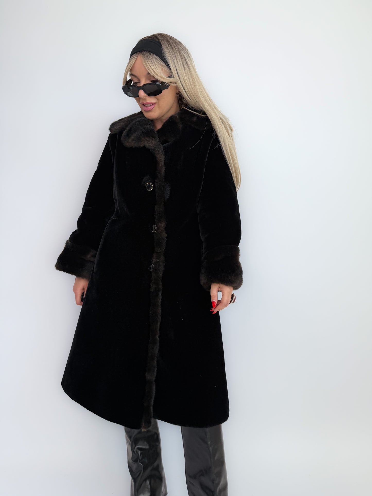 Vintage 60s Jackie O Black Velvet Winter Coat with Faux Fur Collar and Cuffs - S