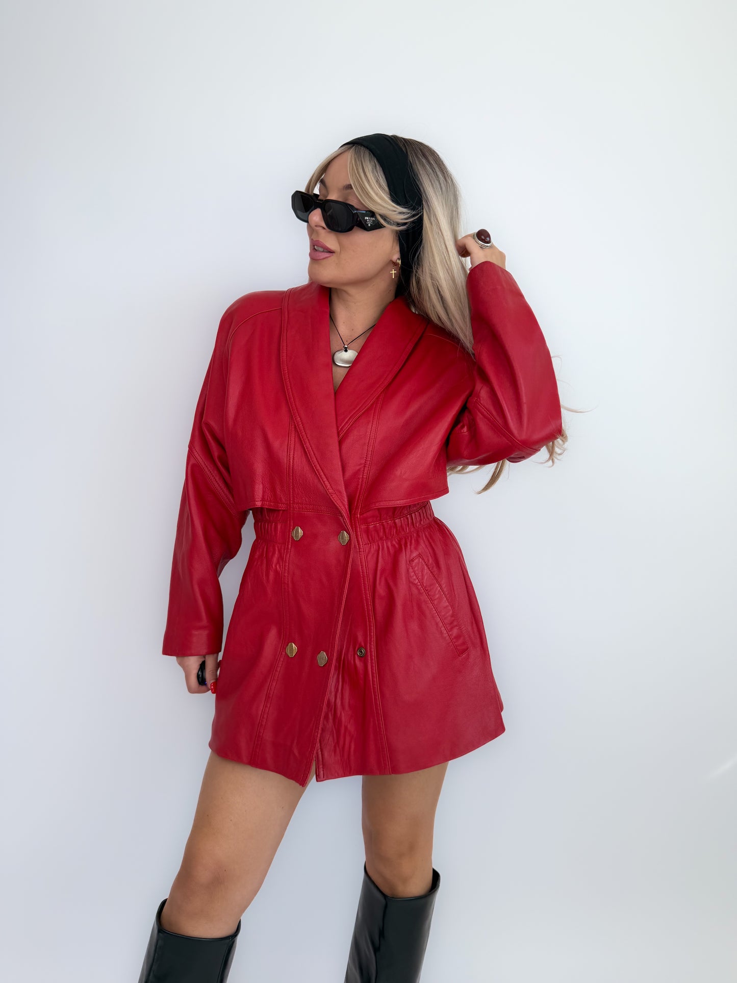 Vintage 80s Red Leather Statement Coat – Double Breasted, Cinched Waist- Small