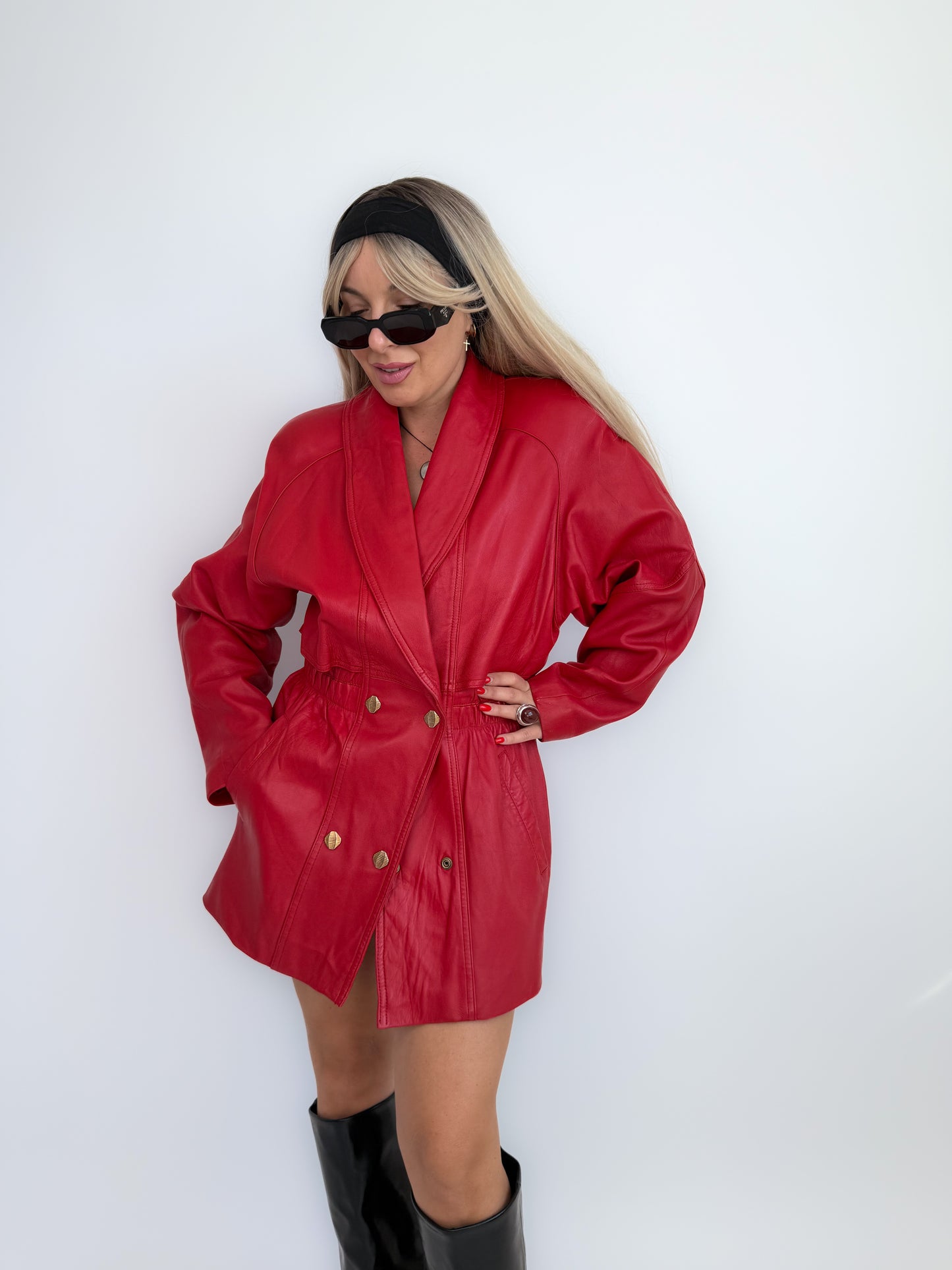 Vintage 80s Red Leather Statement Coat – Double Breasted, Cinched Waist- Small