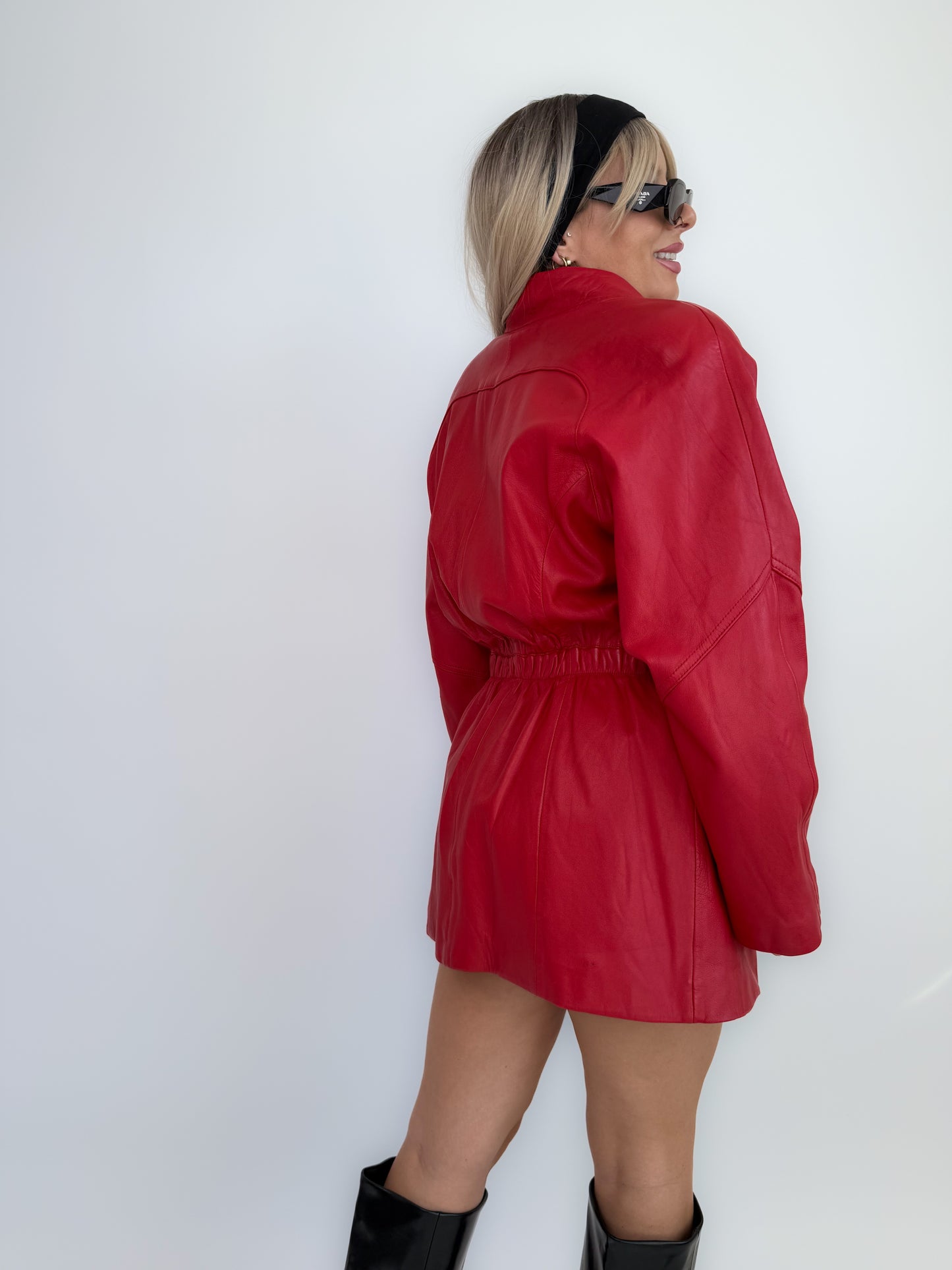 Vintage 80s Red Leather Statement Coat – Double Breasted, Cinched Waist- Small