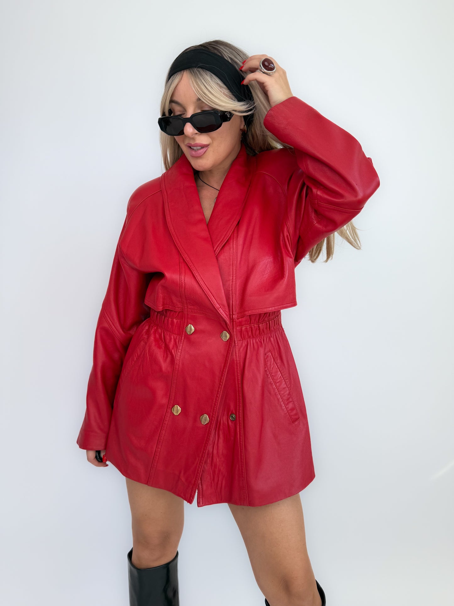 Vintage 80s Red Leather Statement Coat – Double Breasted, Cinched Waist- Small