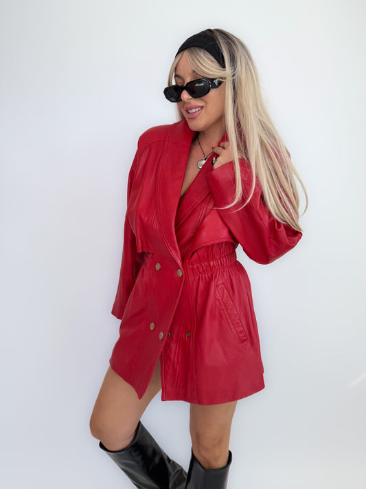 Vintage 80s Red Leather Statement Coat – Double Breasted, Cinched Waist- Small