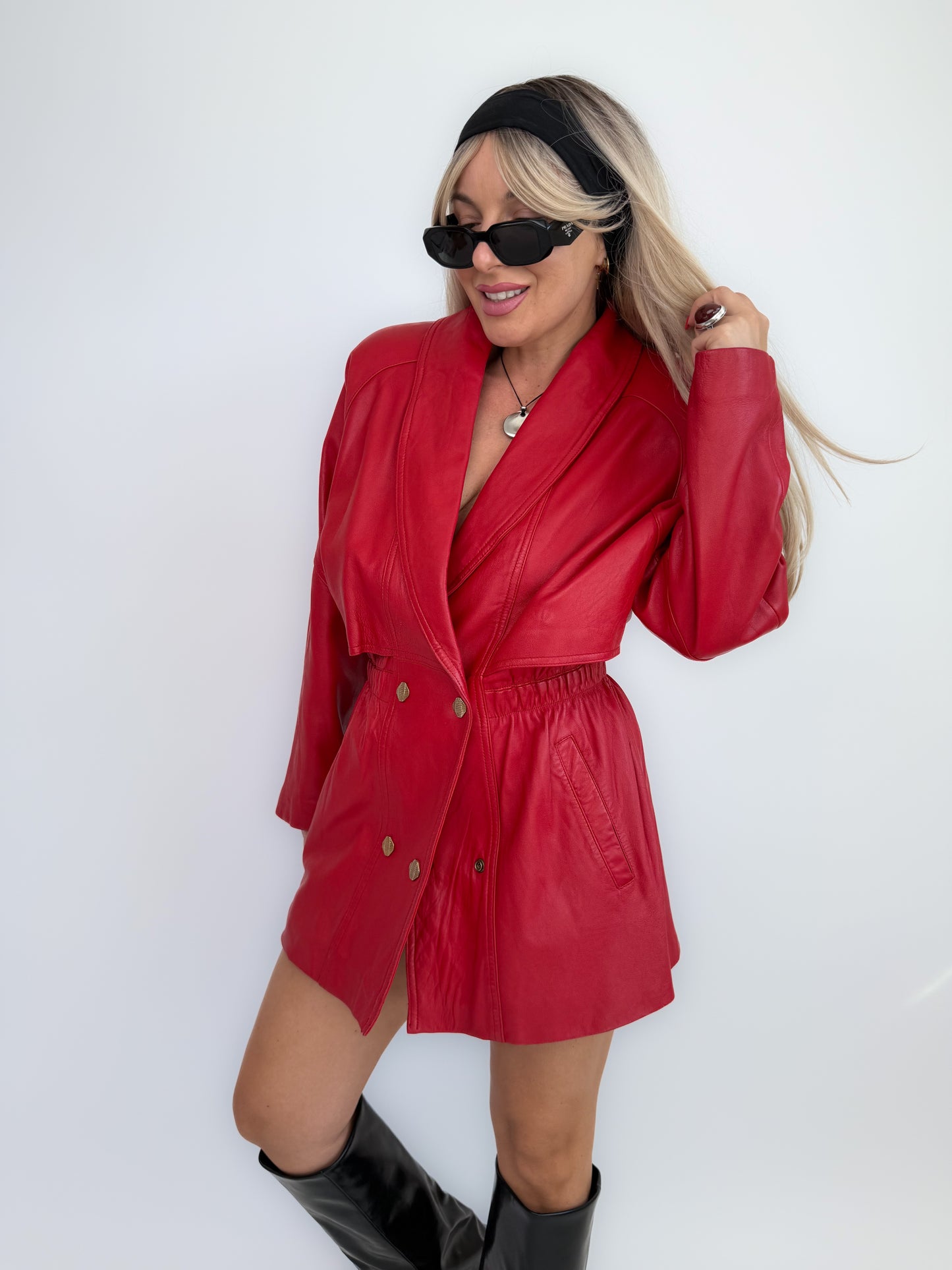 Vintage 80s Red Leather Statement Coat – Double Breasted, Cinched Waist- Small