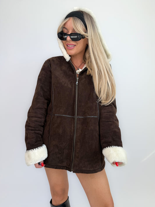 Vintage Y2K Brown Suede Shearling Hoodie Jacket with Ivory Faux Fur Lining - L