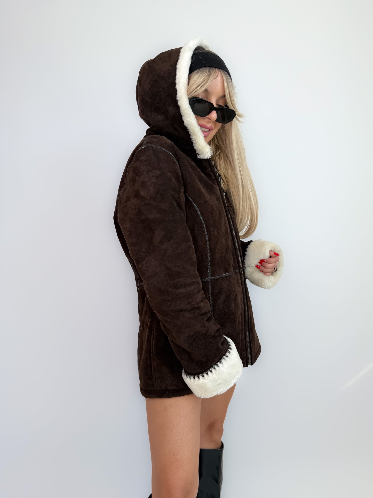 Vintage Y2K Brown Suede Shearling Hoodie Jacket with Ivory Faux Fur Lining - L