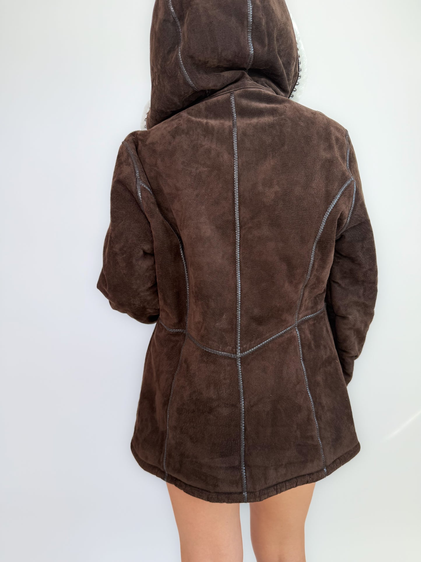 Vintage Y2K Brown Suede Shearling Hoodie Jacket with Ivory Faux Fur Lining - L