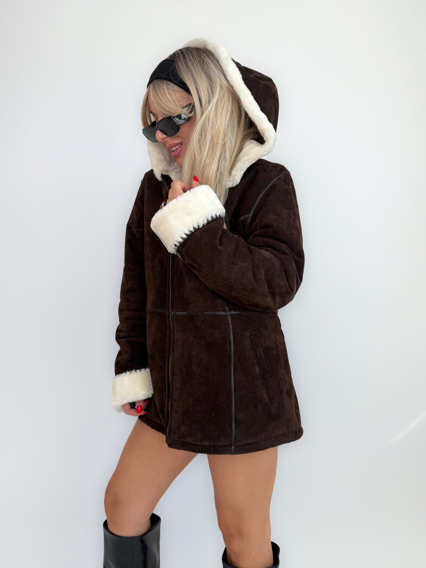 Vintage Y2K Brown Suede Shearling Hoodie Jacket with Ivory Faux Fur Lining - L