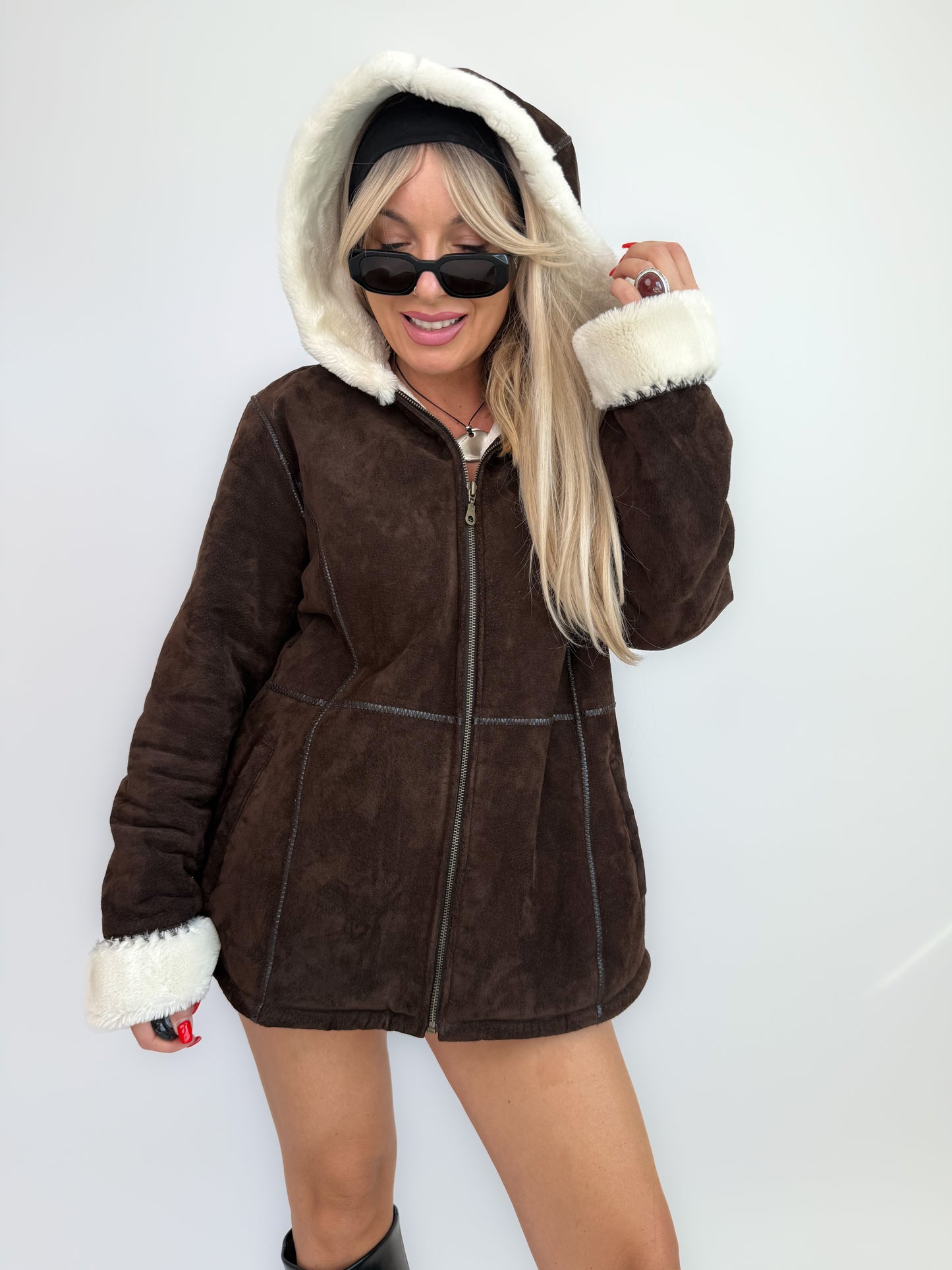 Vintage Y2K Brown Suede Shearling Hoodie Jacket with Ivory Faux Fur Lining - L