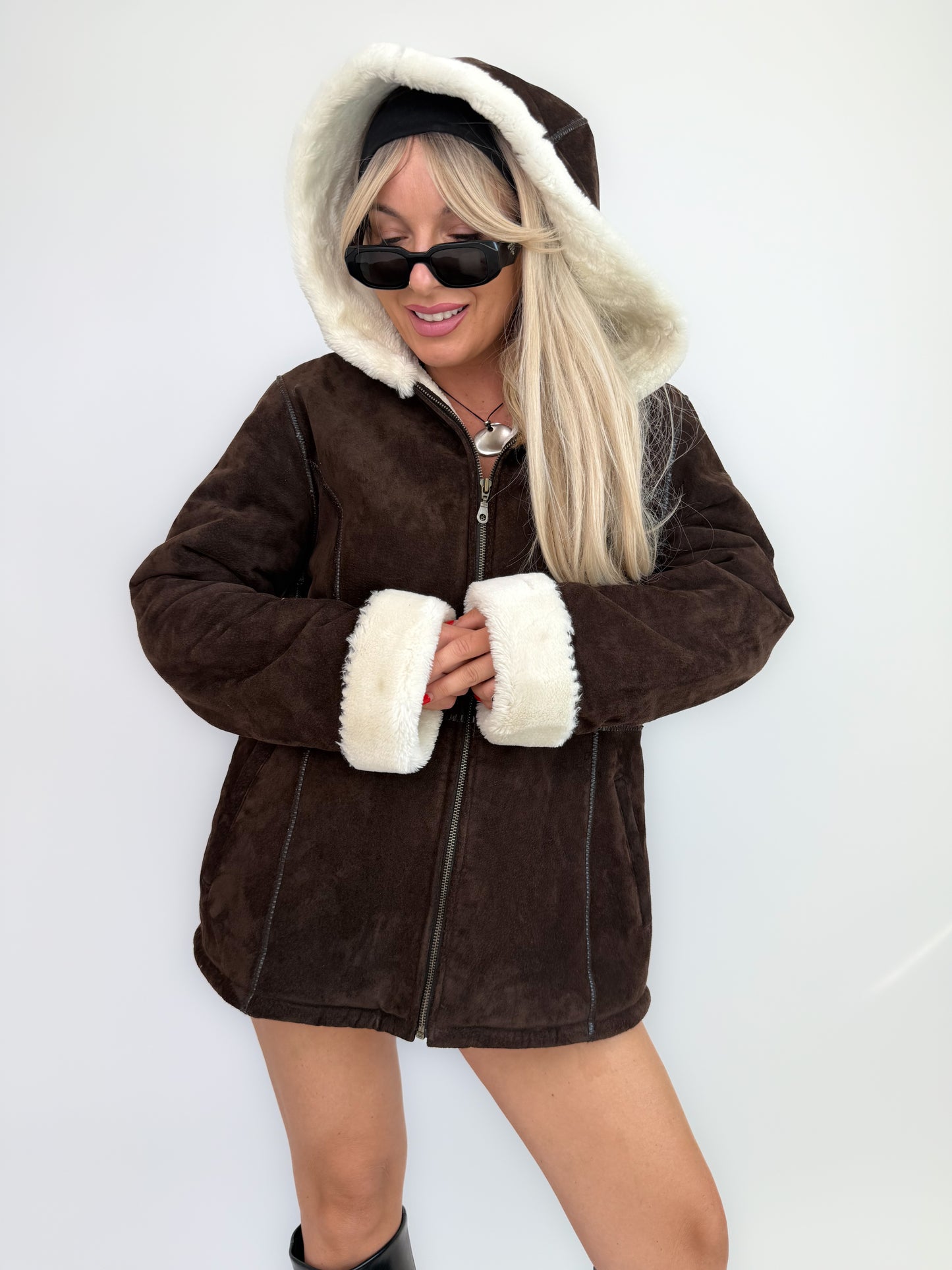 Vintage Y2K Brown Suede Shearling Hoodie Jacket with Ivory Faux Fur Lining - L