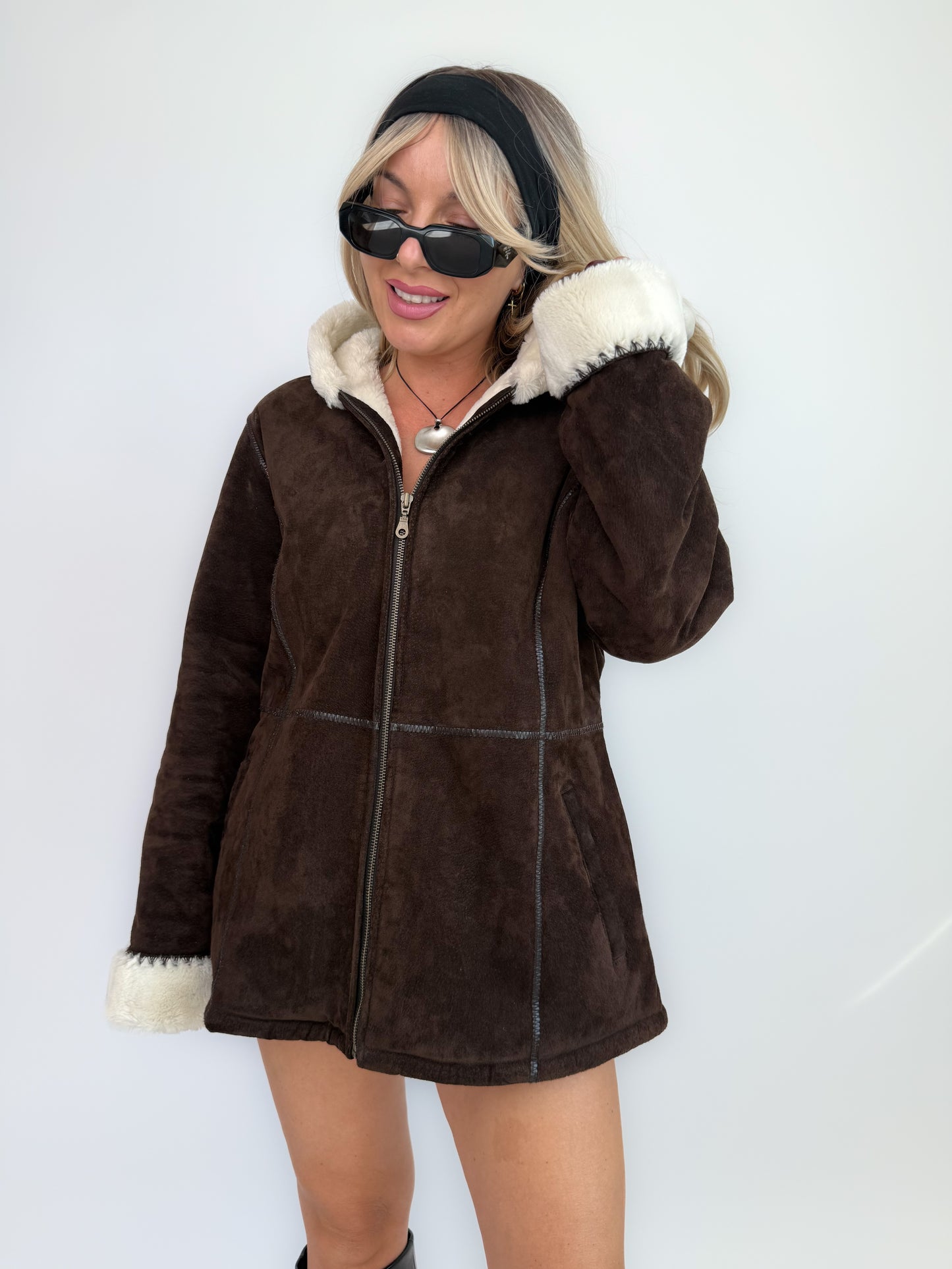 Vintage Y2K Brown Suede Shearling Hoodie Jacket with Ivory Faux Fur Lining - L