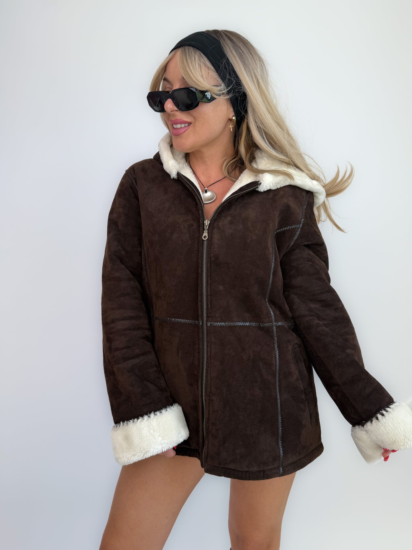 Vintage Y2K Brown Suede Shearling Hoodie Jacket with Ivory Faux Fur Lining - L